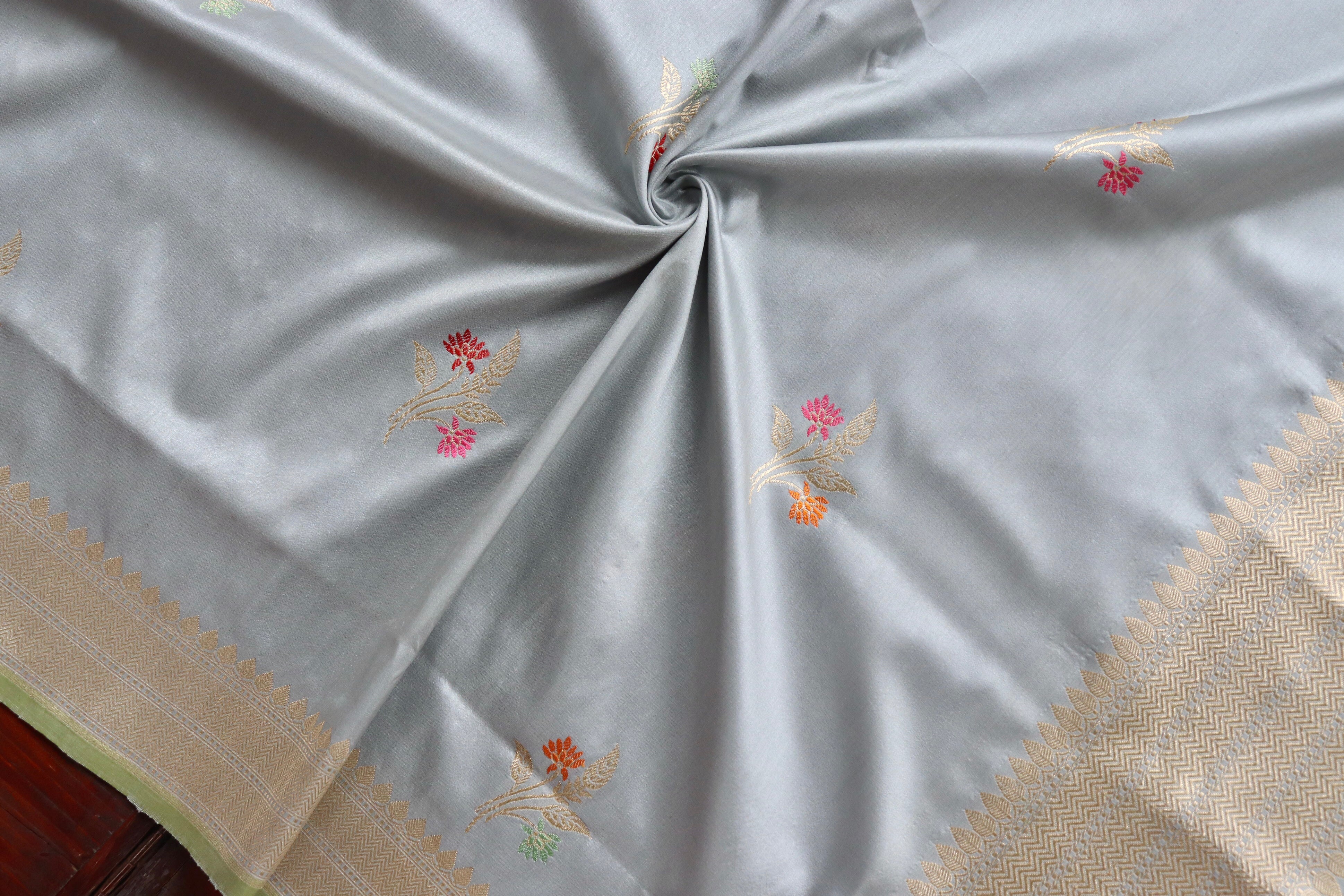 Grey Leaf Motif Pure Silk Handloom Banarasi Dupatta