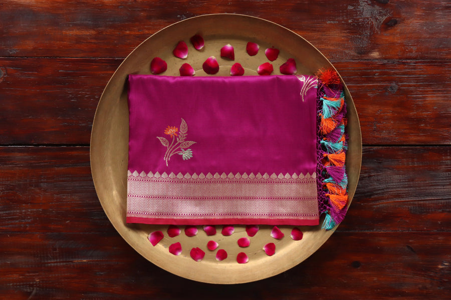 Purple Leaf pure Katan silk Banarasi dupatta with thread-by-thread motifs.
