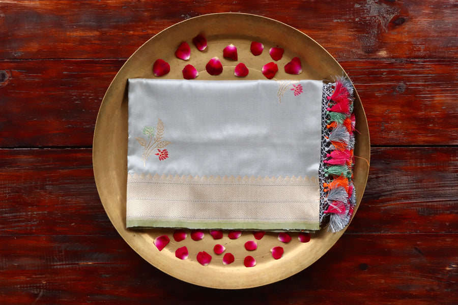 Grey Leaf pure Katan silk Banarasi dupatta with thread-by-thread motifs.