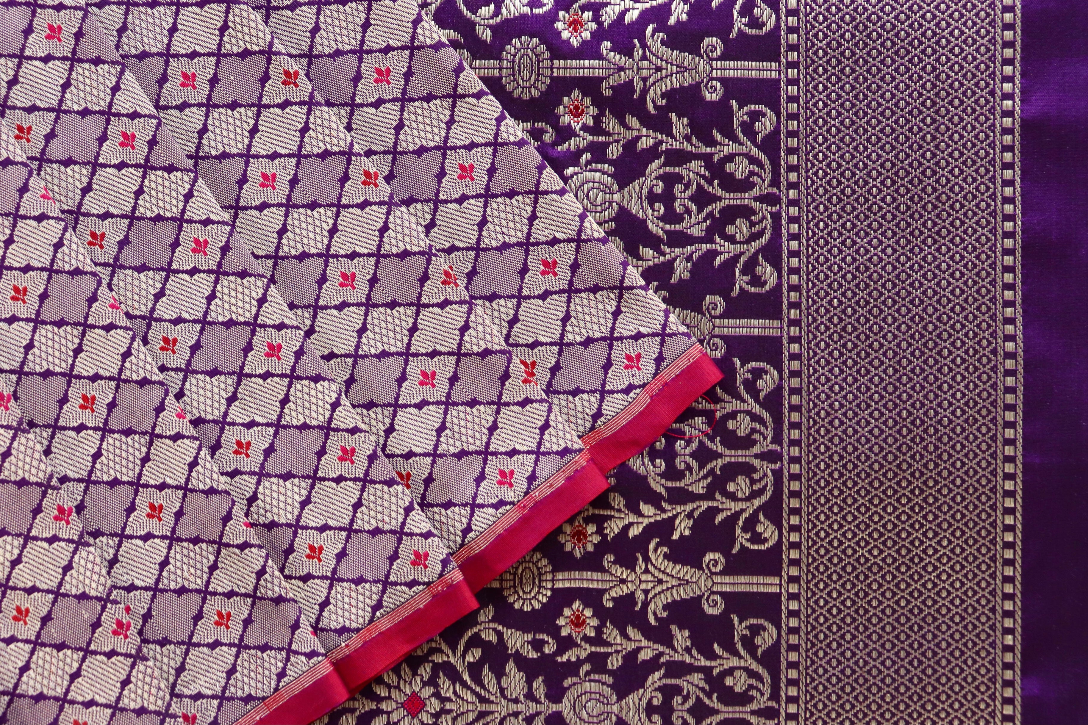 Purple Meenadar Tanchoi Pure Silk Handloom Banarasi Saree