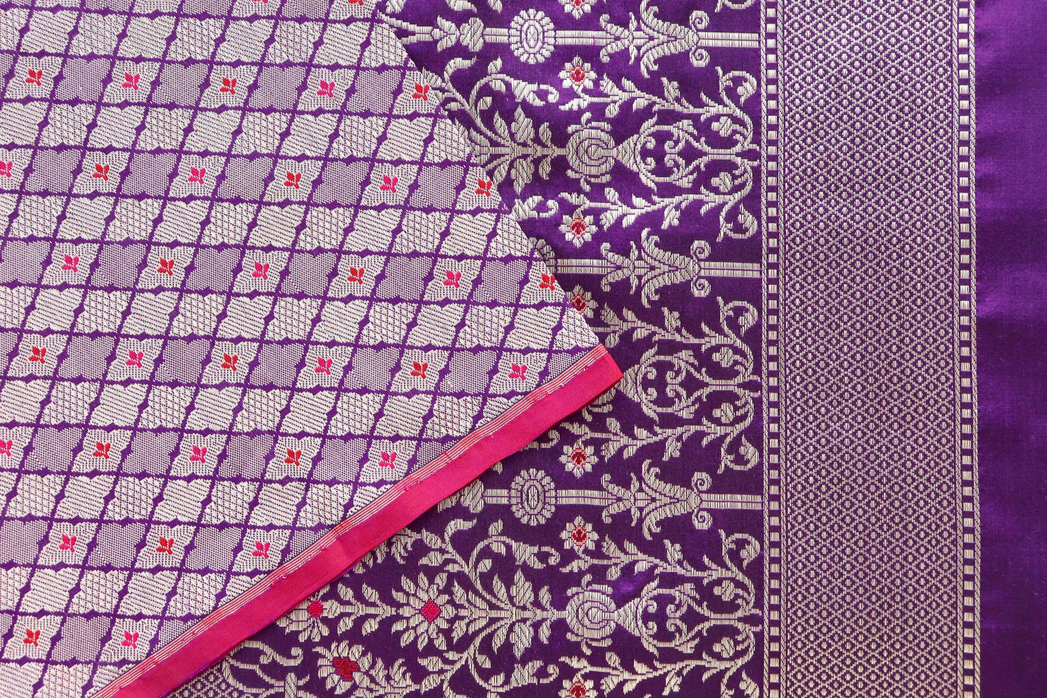 Purple Meenadar Tanchoi Pure Silk Handloom Banarasi Saree