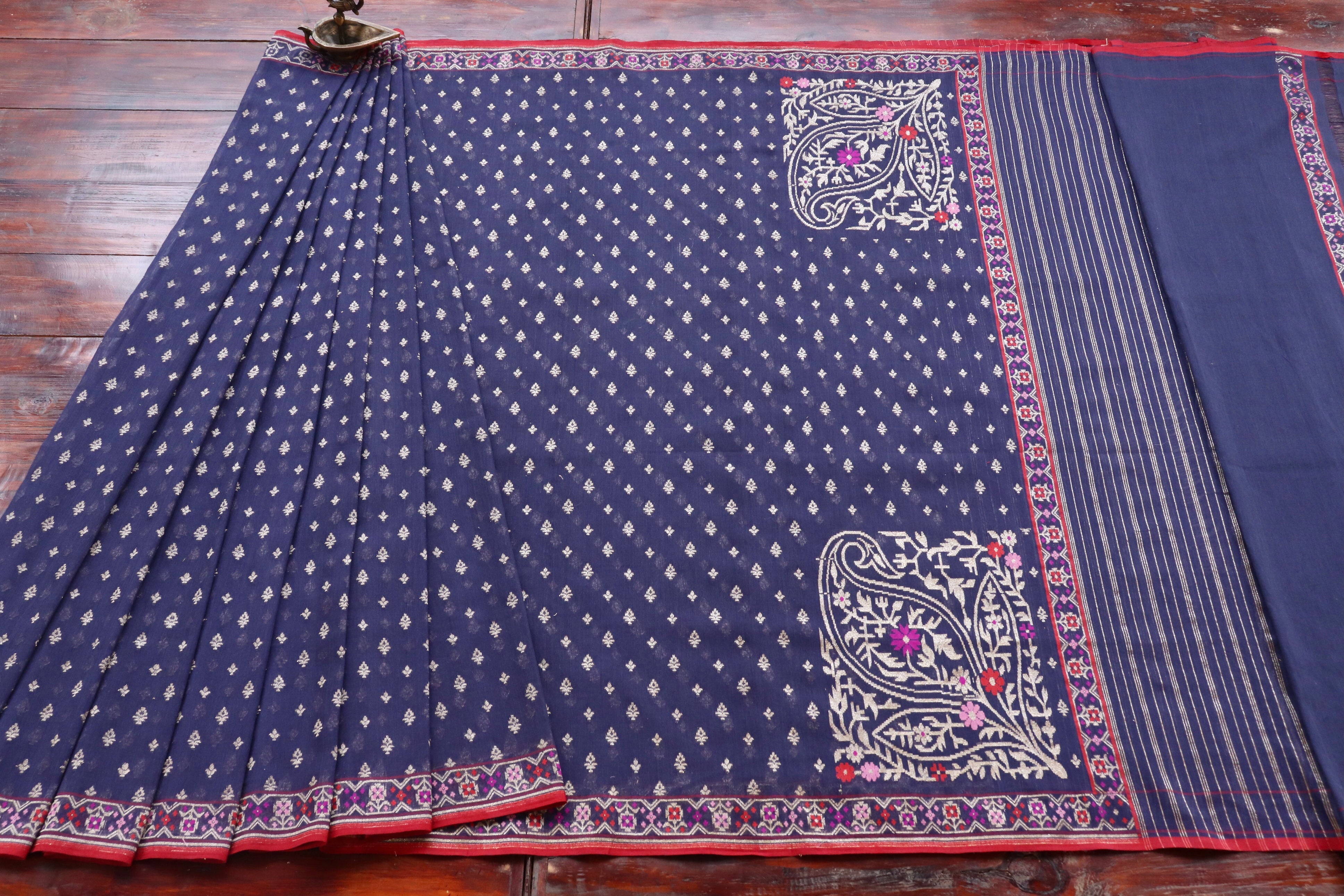 Blue Meenadar Pure Cotton Banarasi Handloom Saree