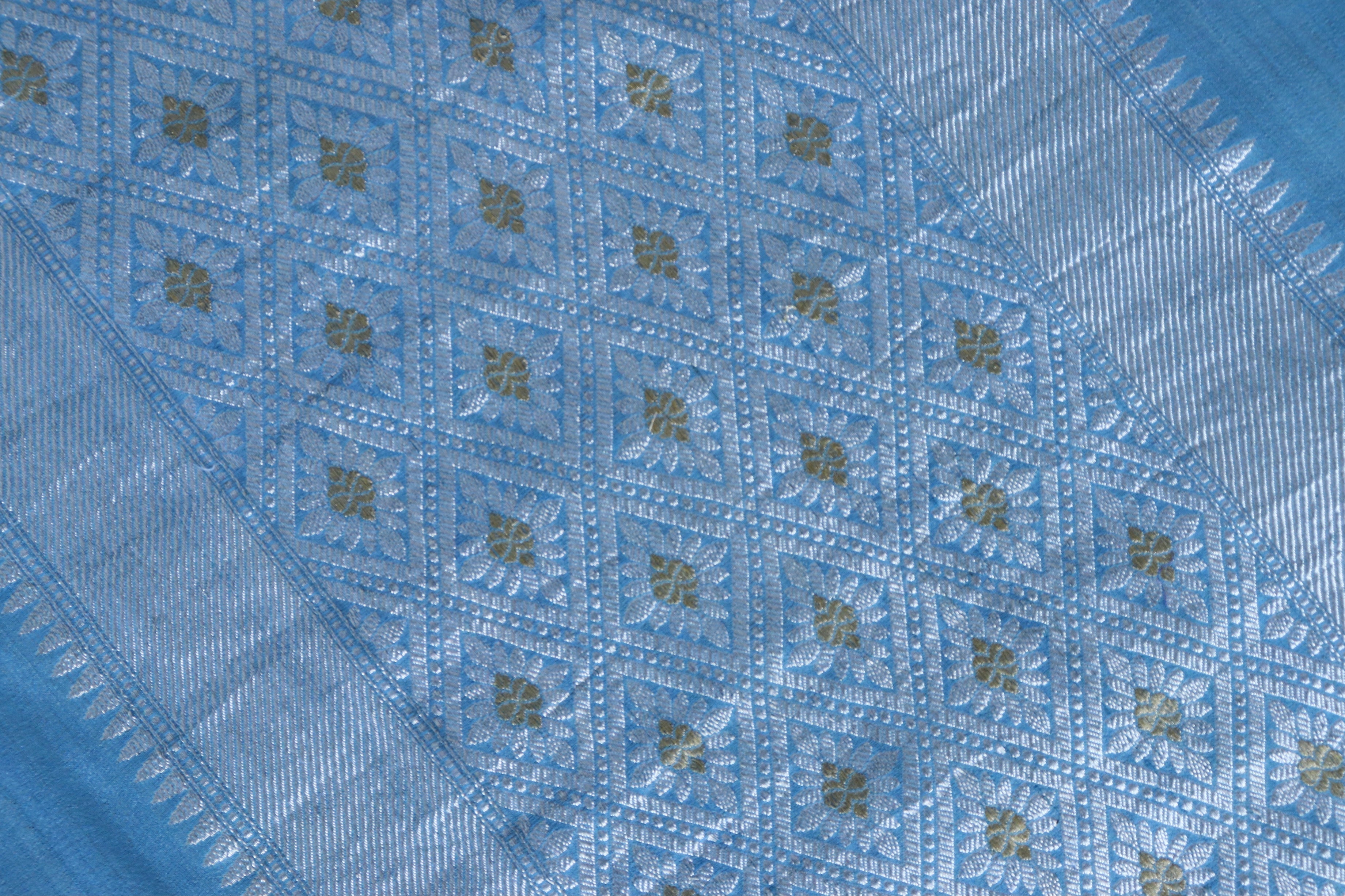 Ice Blue Phool Motif Tussar Silk Handloom Saree