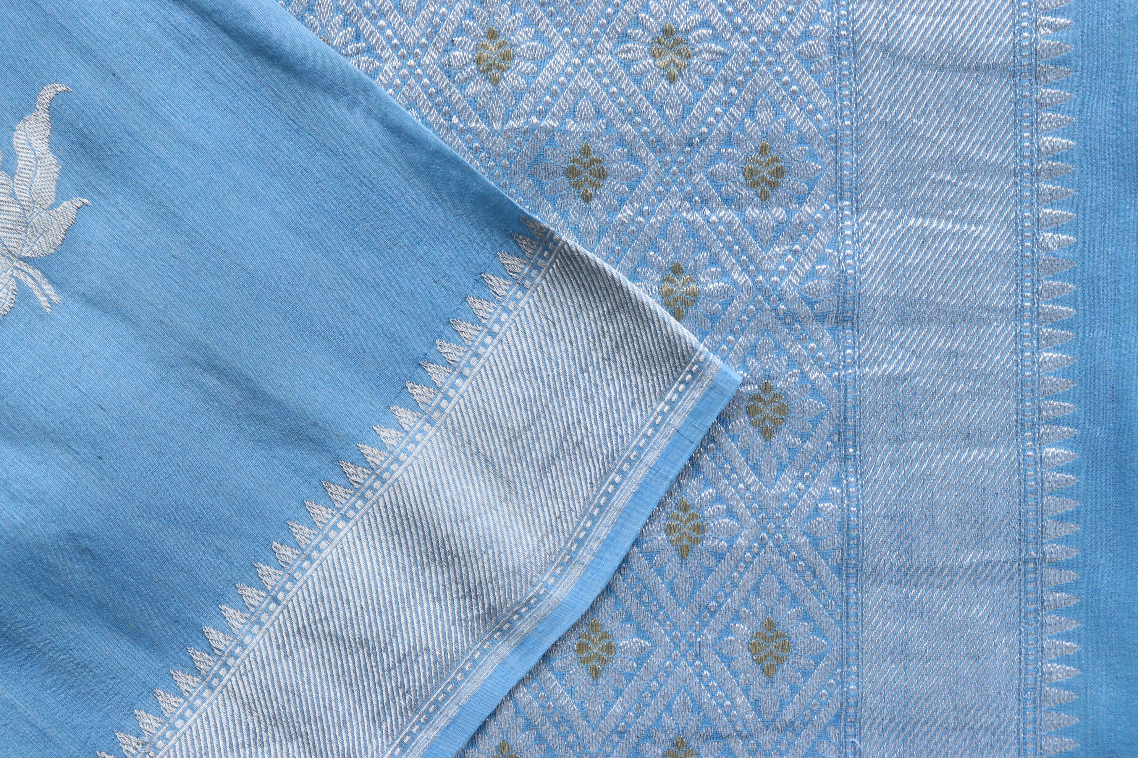 Ice Blue Phool Motif Tussar Silk Handloom Saree