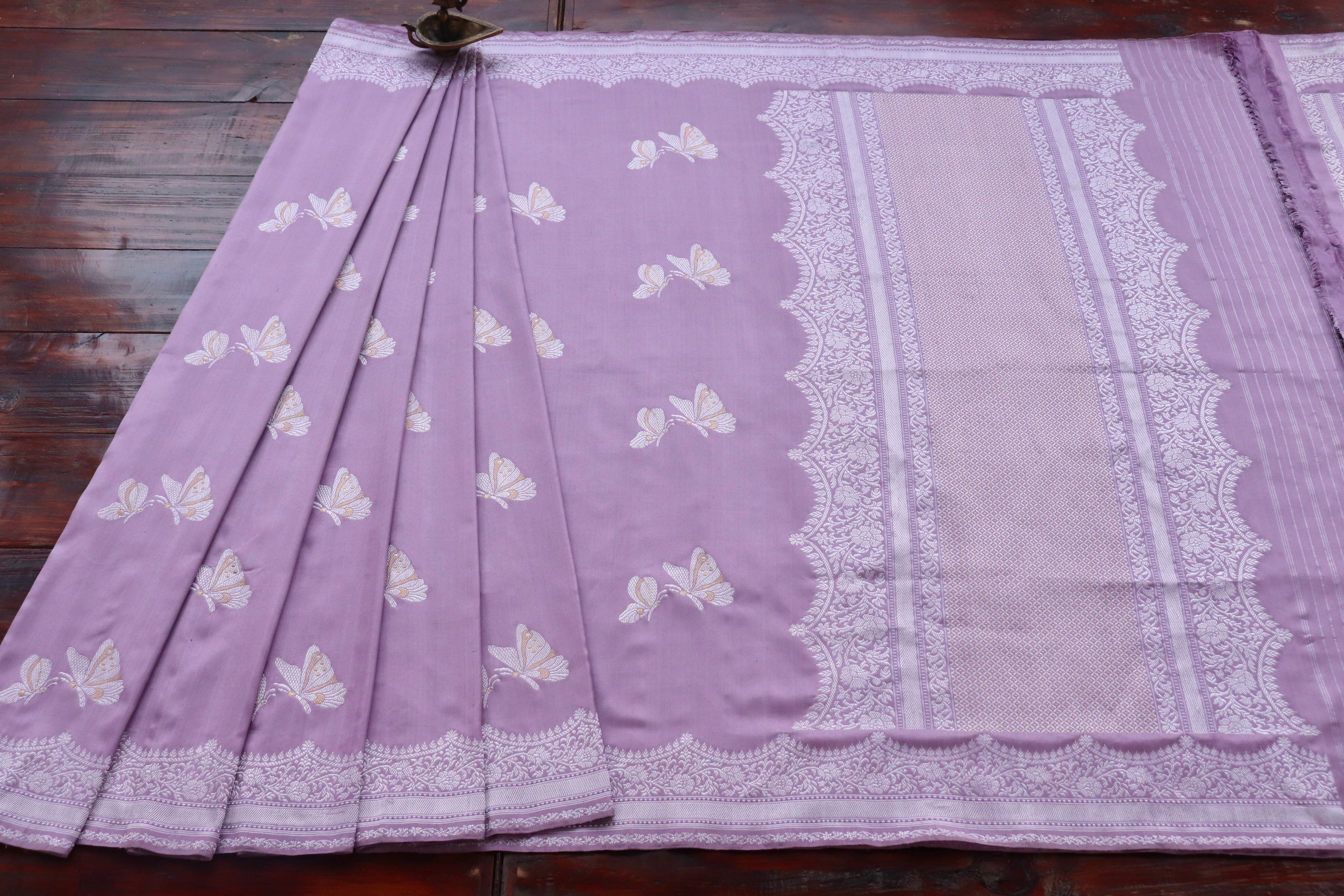 Lilac Butterfly Motif Pure Silk Handloom Banarasi Saree