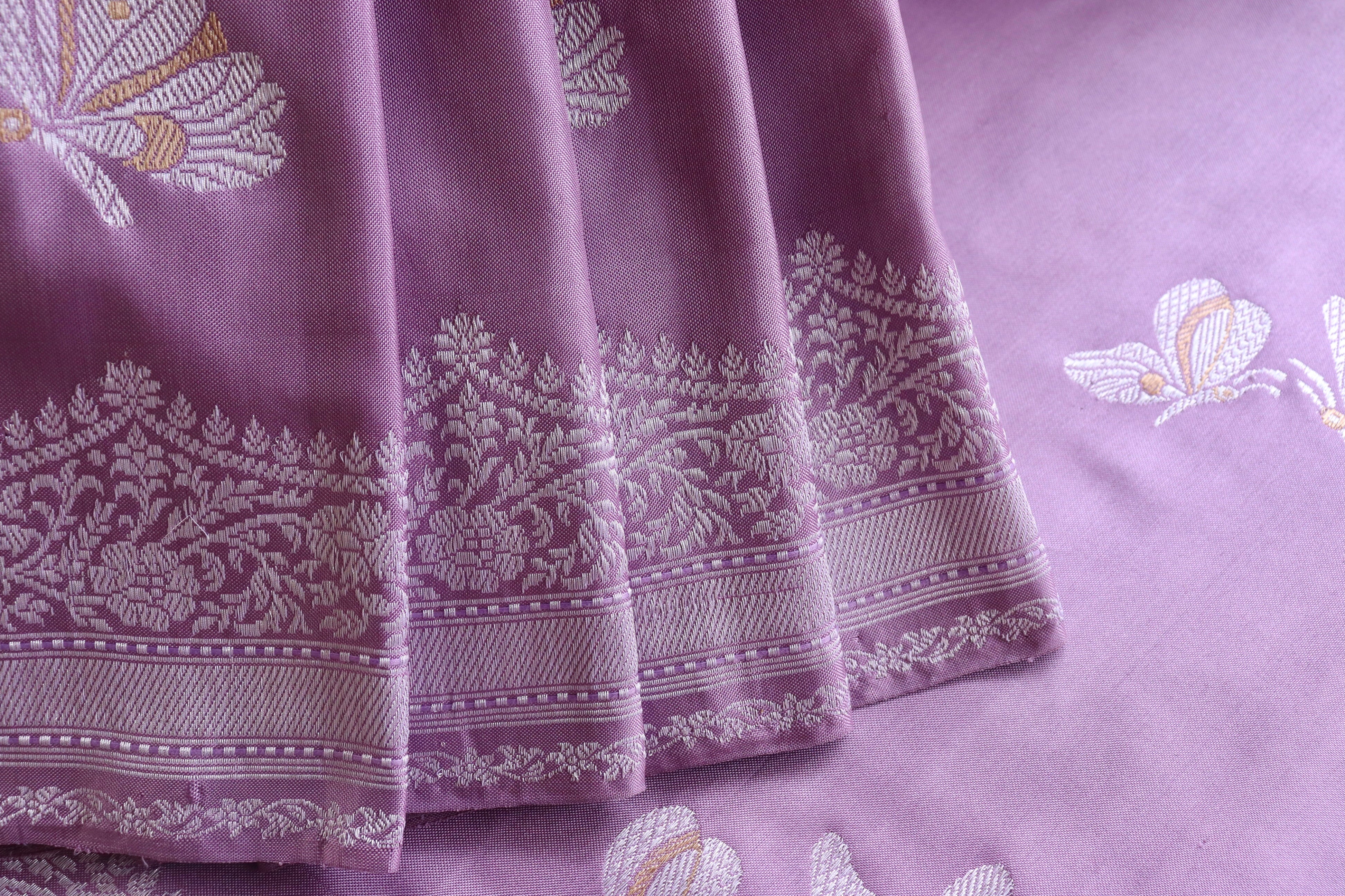 Lilac Butterfly Motif Pure Silk Handloom Banarasi Saree