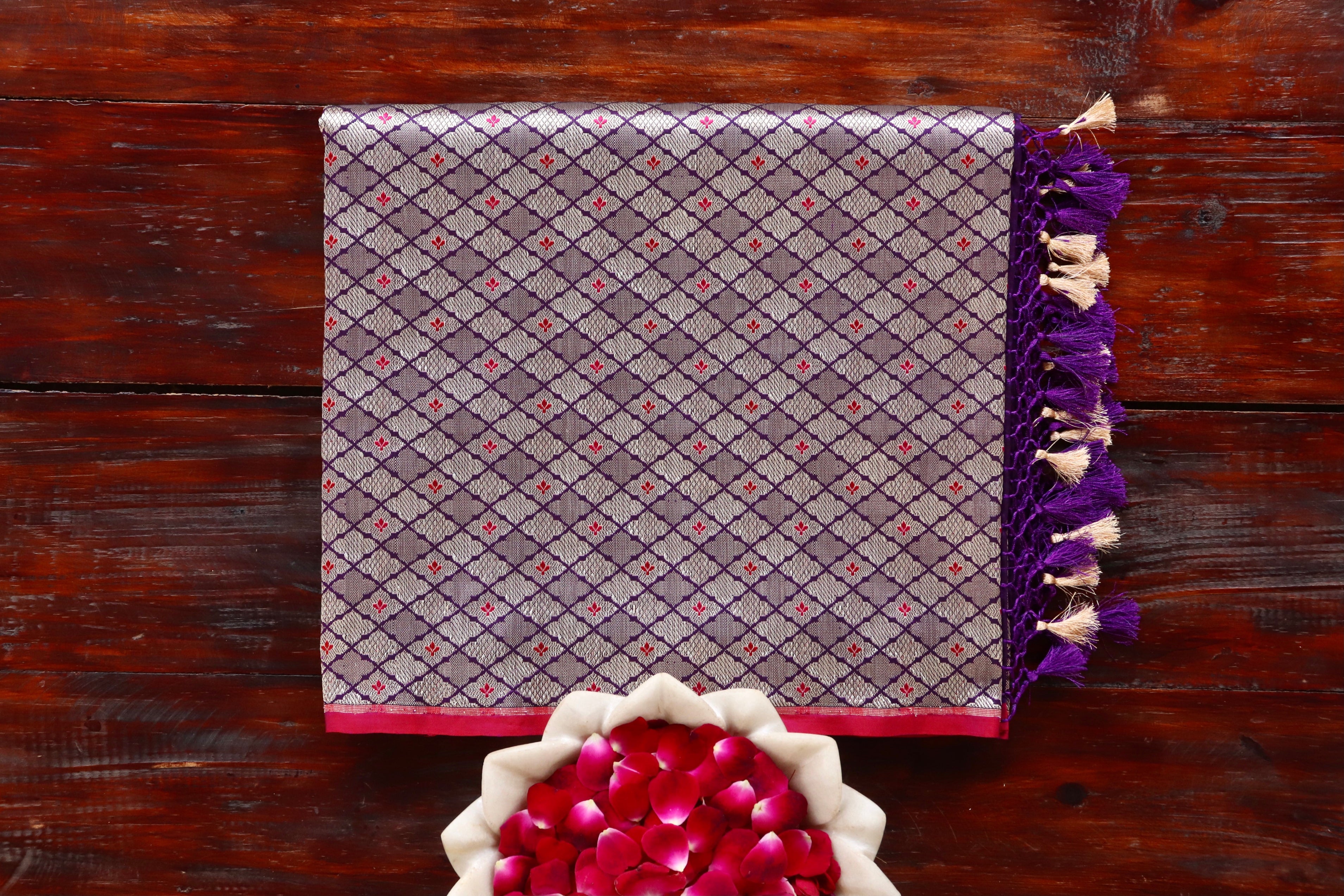 Purple Meenadar Tanchoi Pure Silk Handloom Banarasi Saree