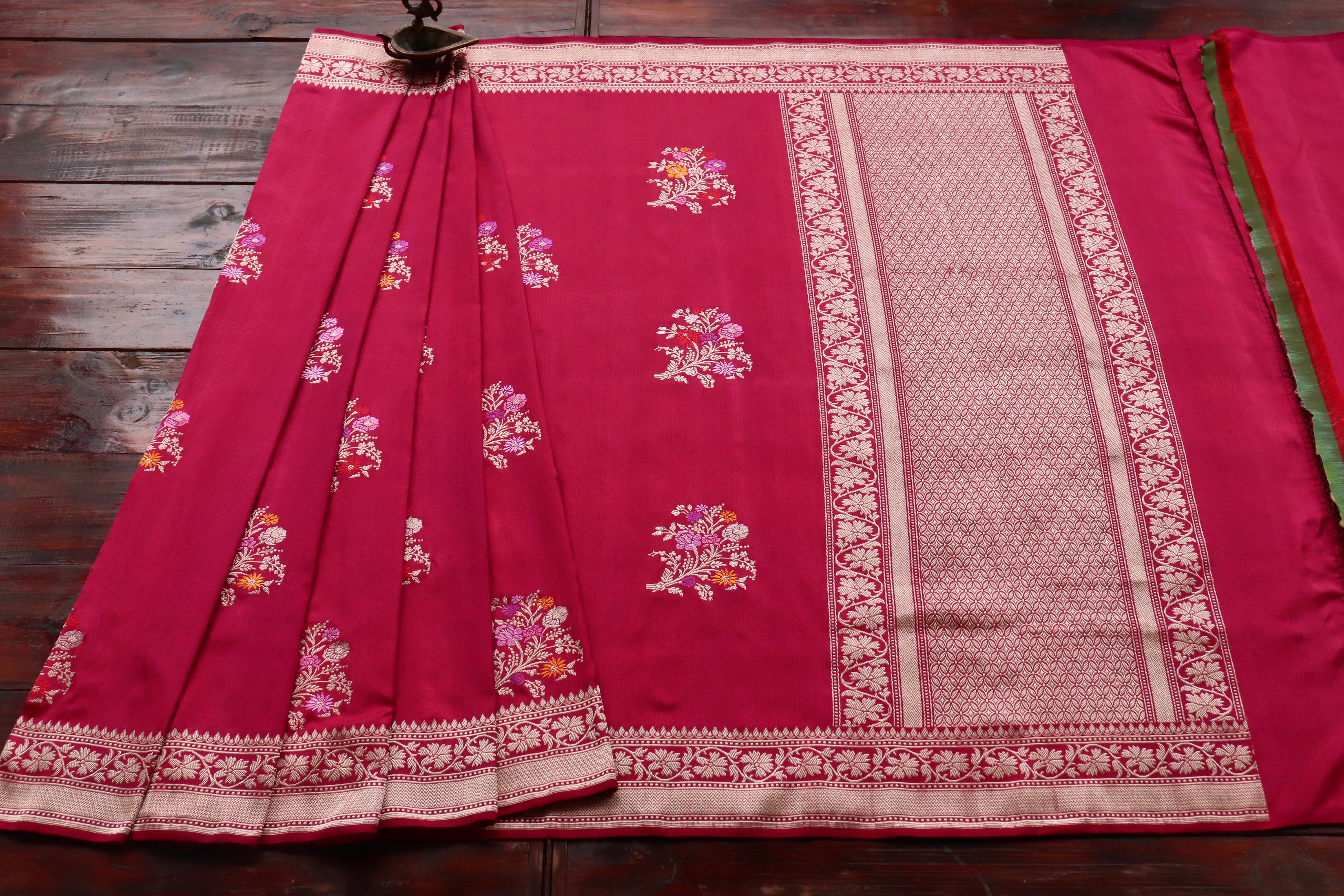 Burgundy Guldasta Motif Pure Katan Silk Handloom Saree