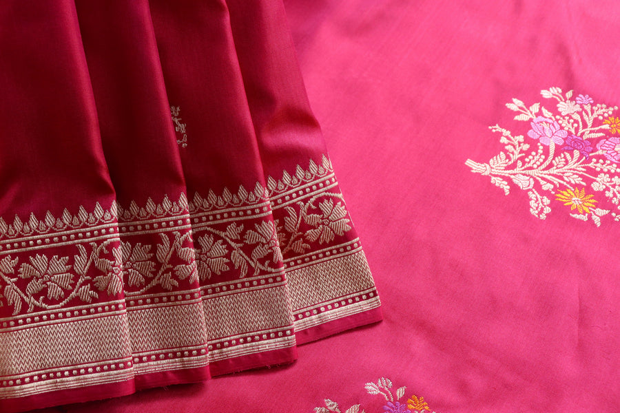 Burgundy Guldasta Motif Pure Katan Silk Handloom Saree