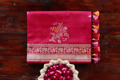 Burgundy Guldasta Motif Pure Katan Silk Saree | Stuti Weaves