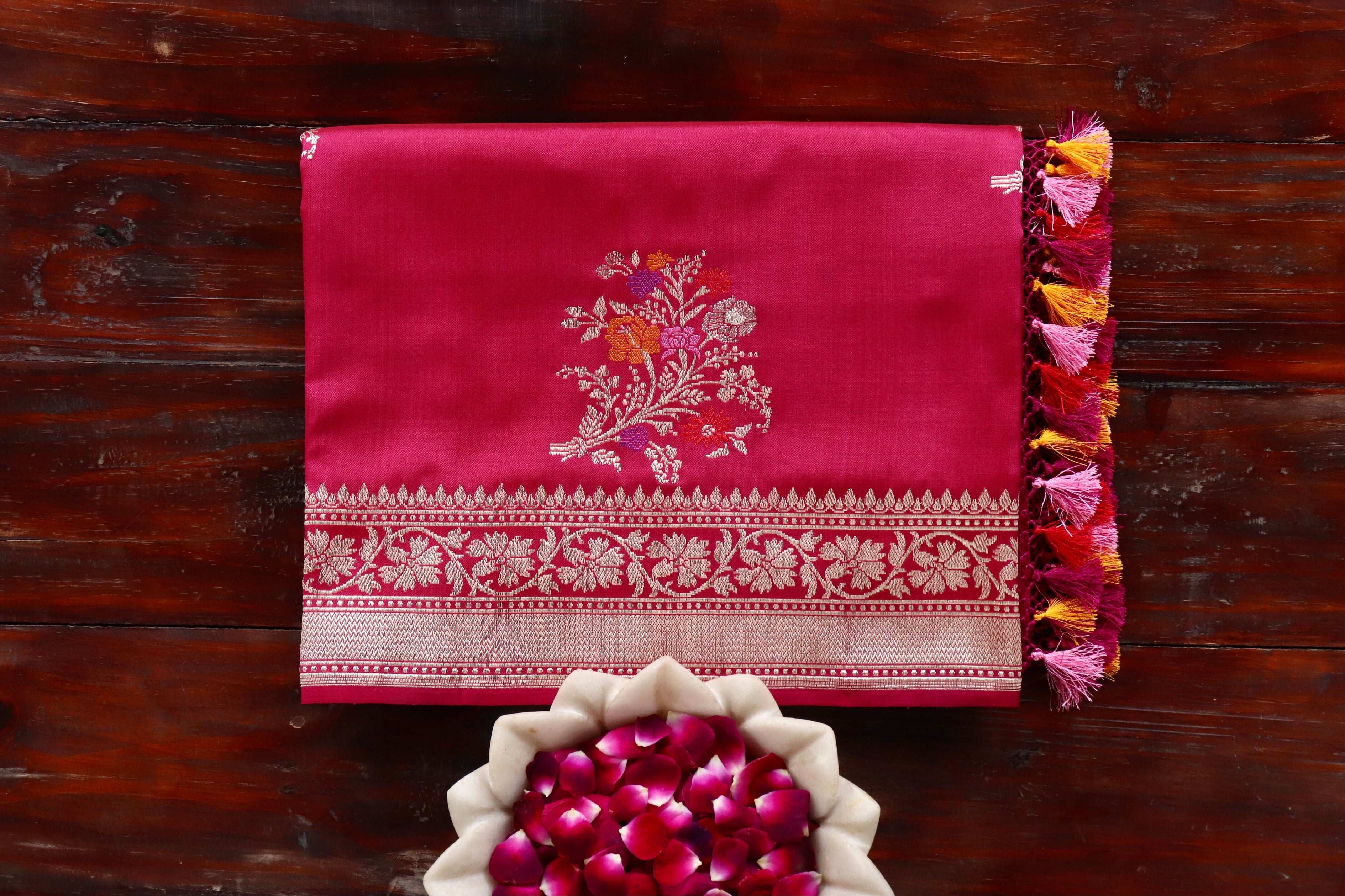 Burgundy Guldasta Motif Pure Katan Silk Handloom Saree