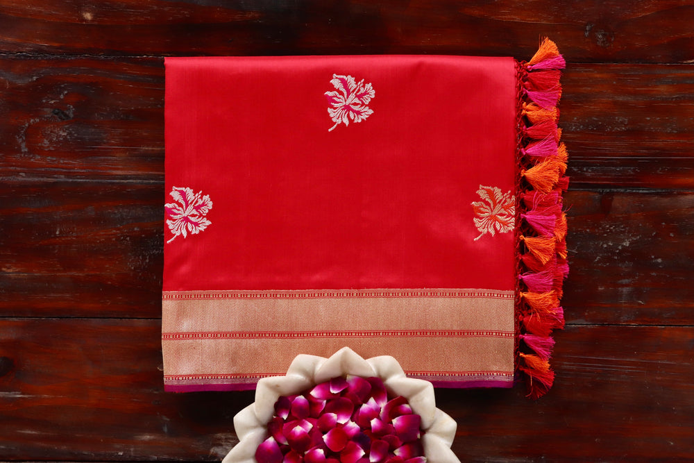 Red handloom Banarsi saree with kadhua motifs in pure Katan silk