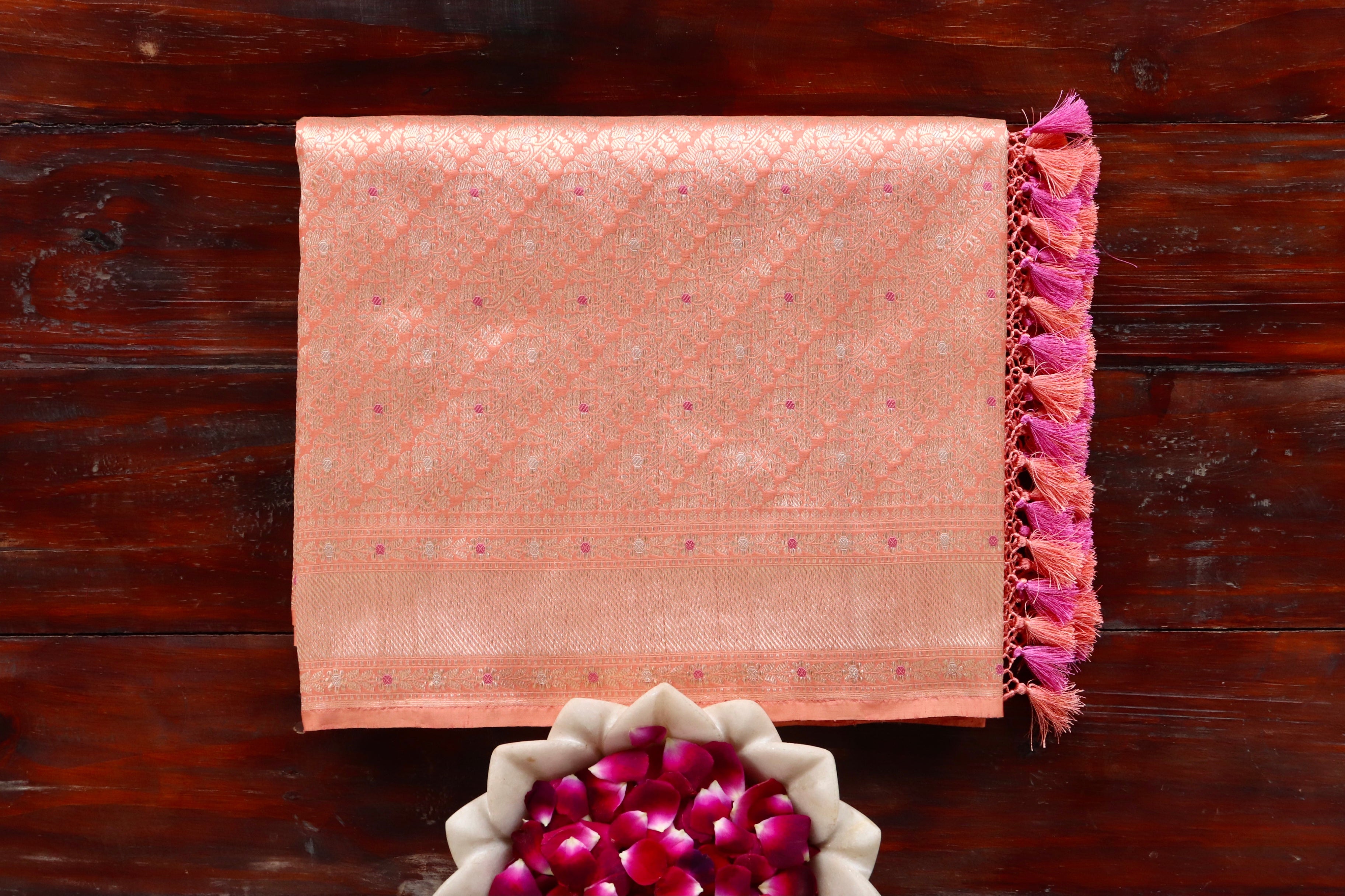 Peach Meenadar Adda Tanchoi Pure Silk Handloom Banarasi Saree