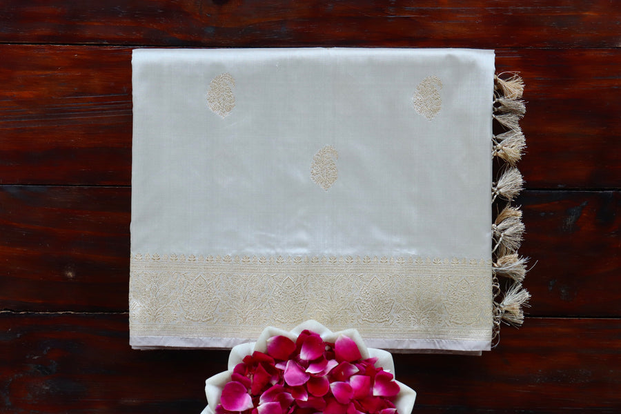 Light Grey Kairy Motif pure silk handloom Banarasi saree draped for the camera