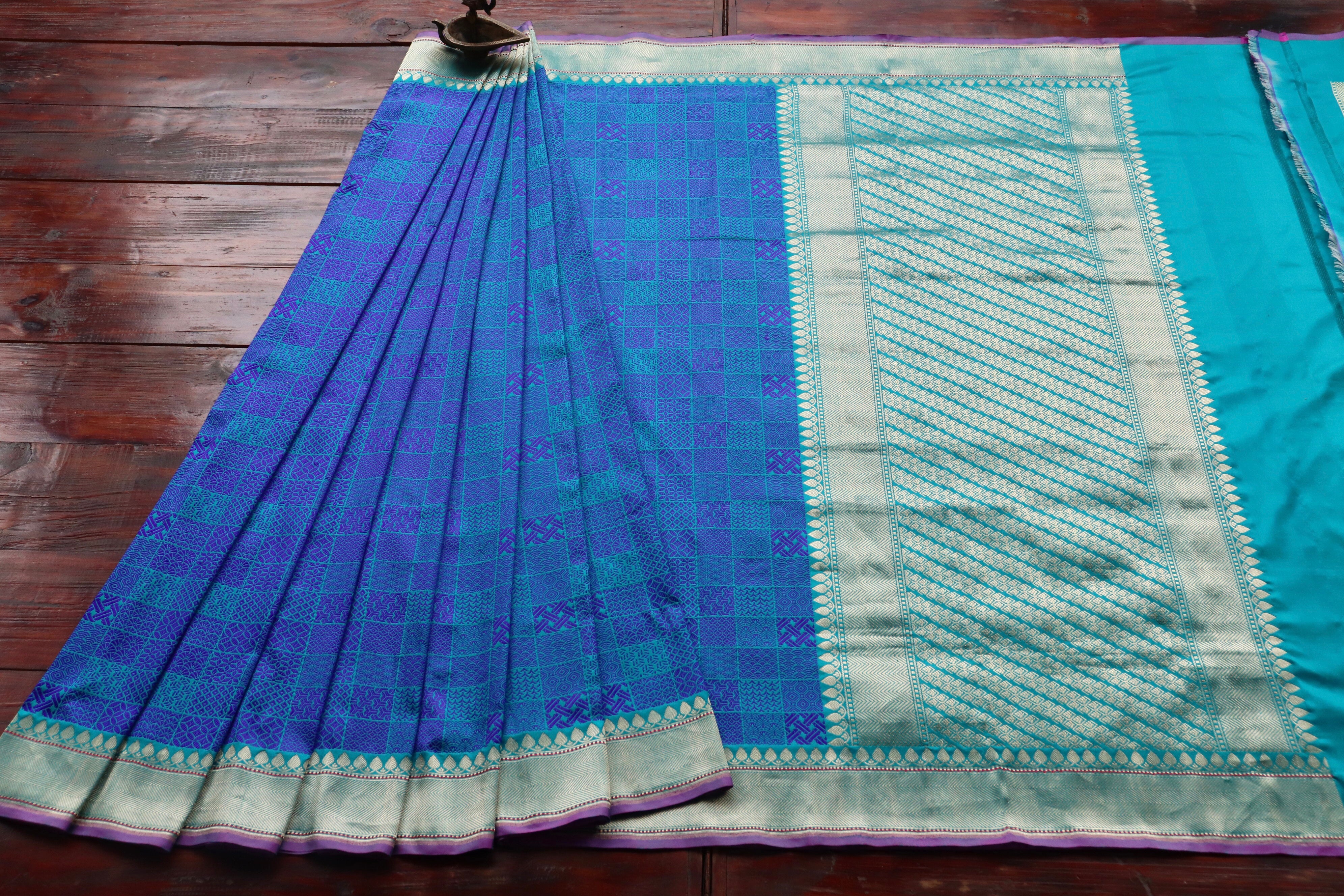 Blue Resham Handwoven Banarasi Tanchoi Silk Saree
