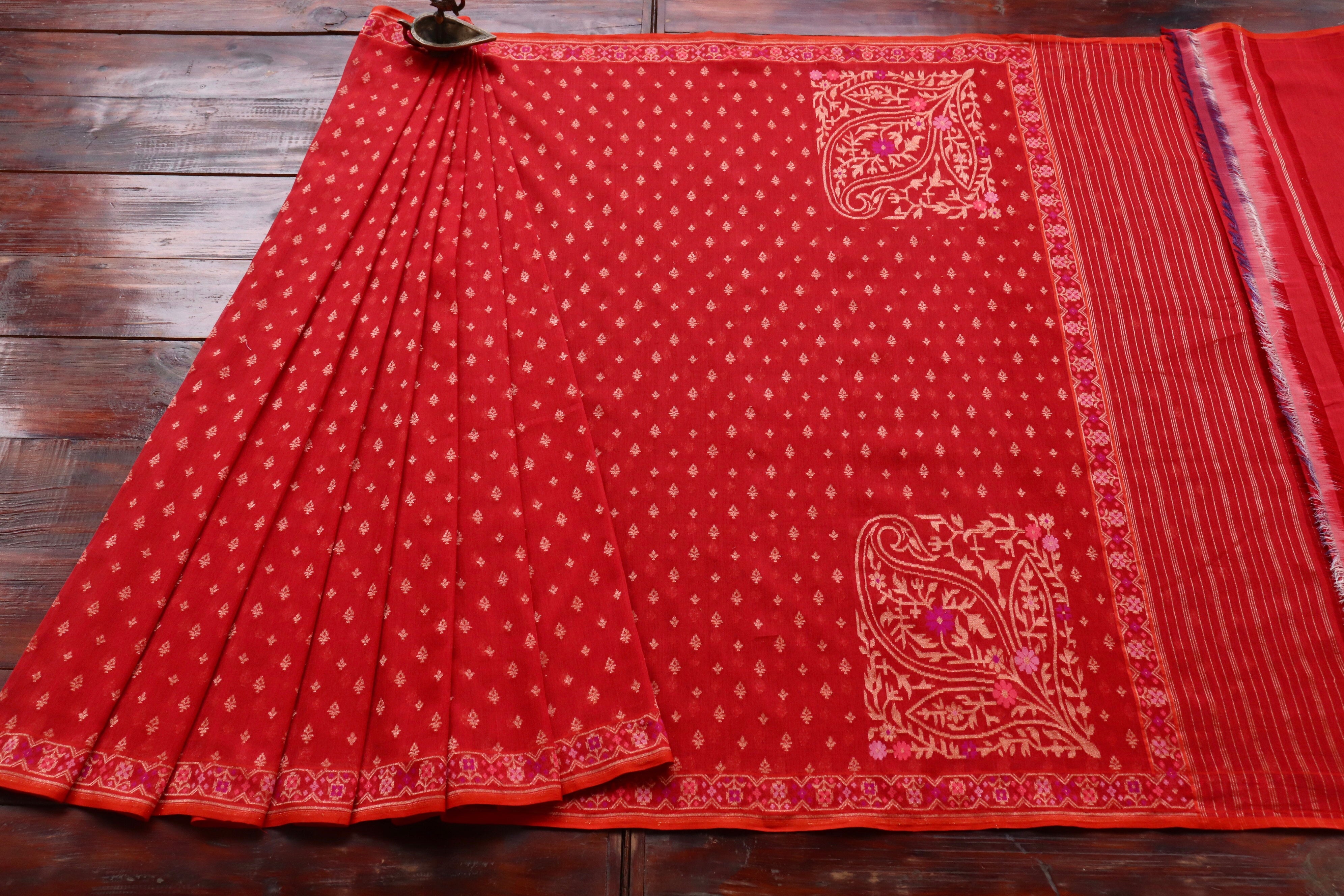 Red Meenadar Pure Cotton Banarasi Handloom Saree