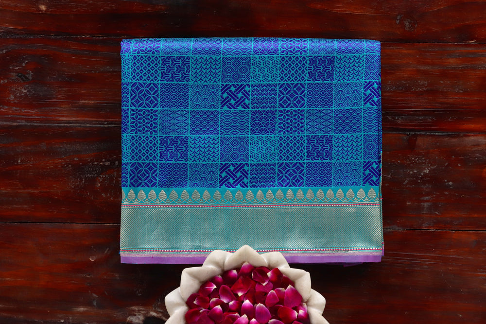 Blue handloom Banarsi saree with tanchoi motifs in silk