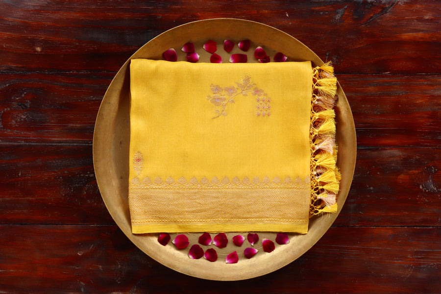 Mango Yellow Munga silk Banarasi dupatta with meenakari motifs in coloured silk and zari.