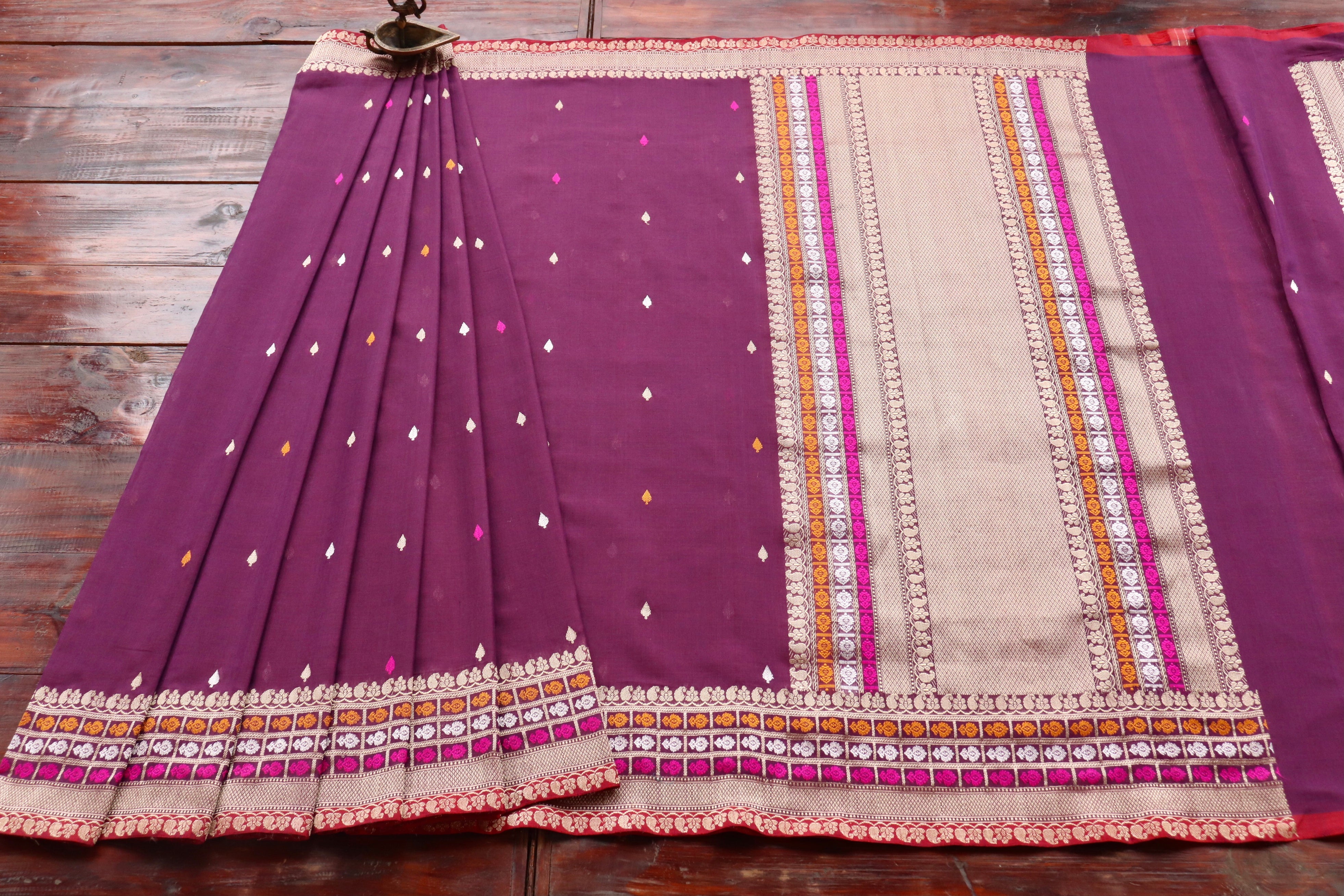 Plum Meenadar Pure Cotton Banarasi Handloom Saree