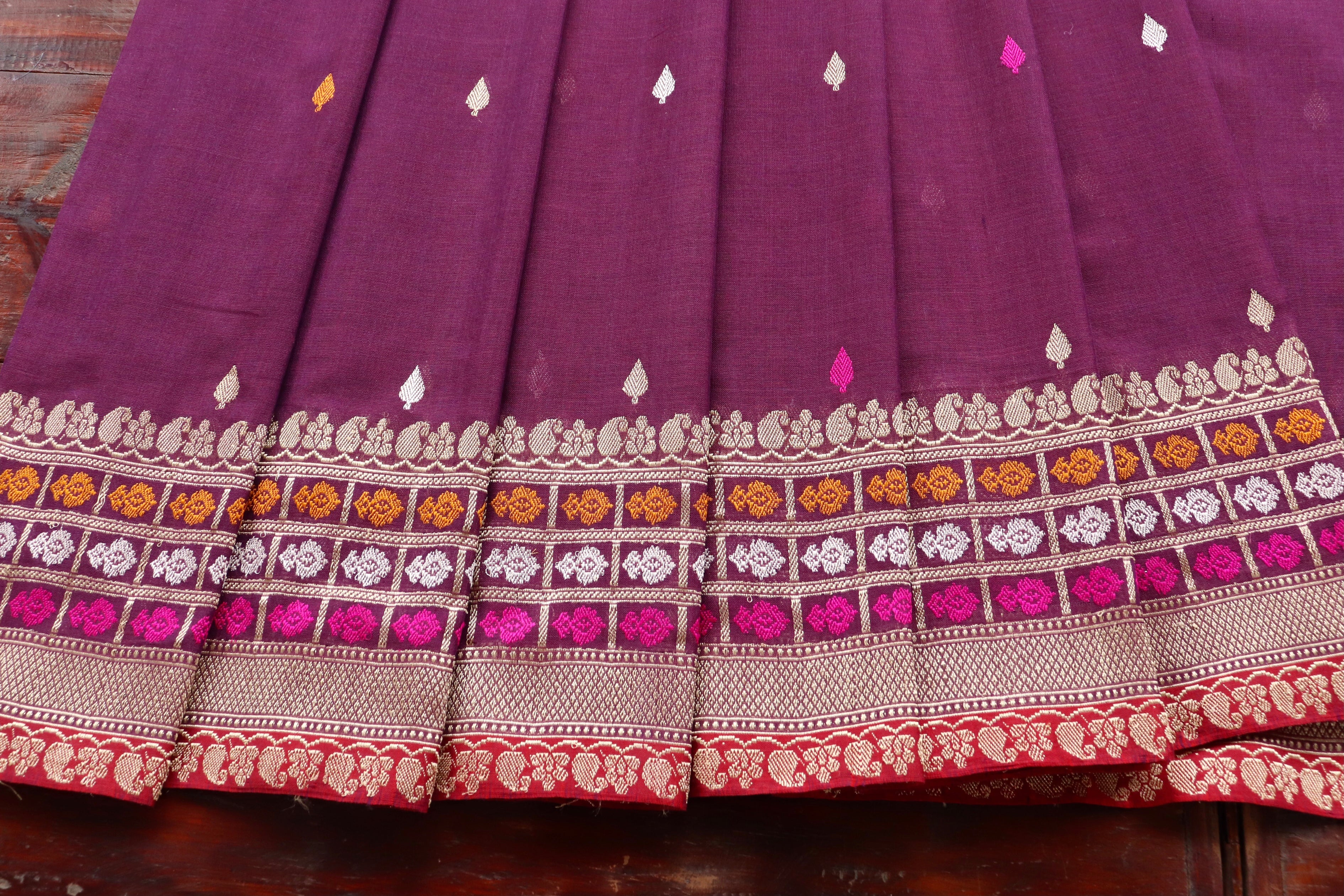 Plum Meenadar Pure Cotton Banarasi Handloom Saree