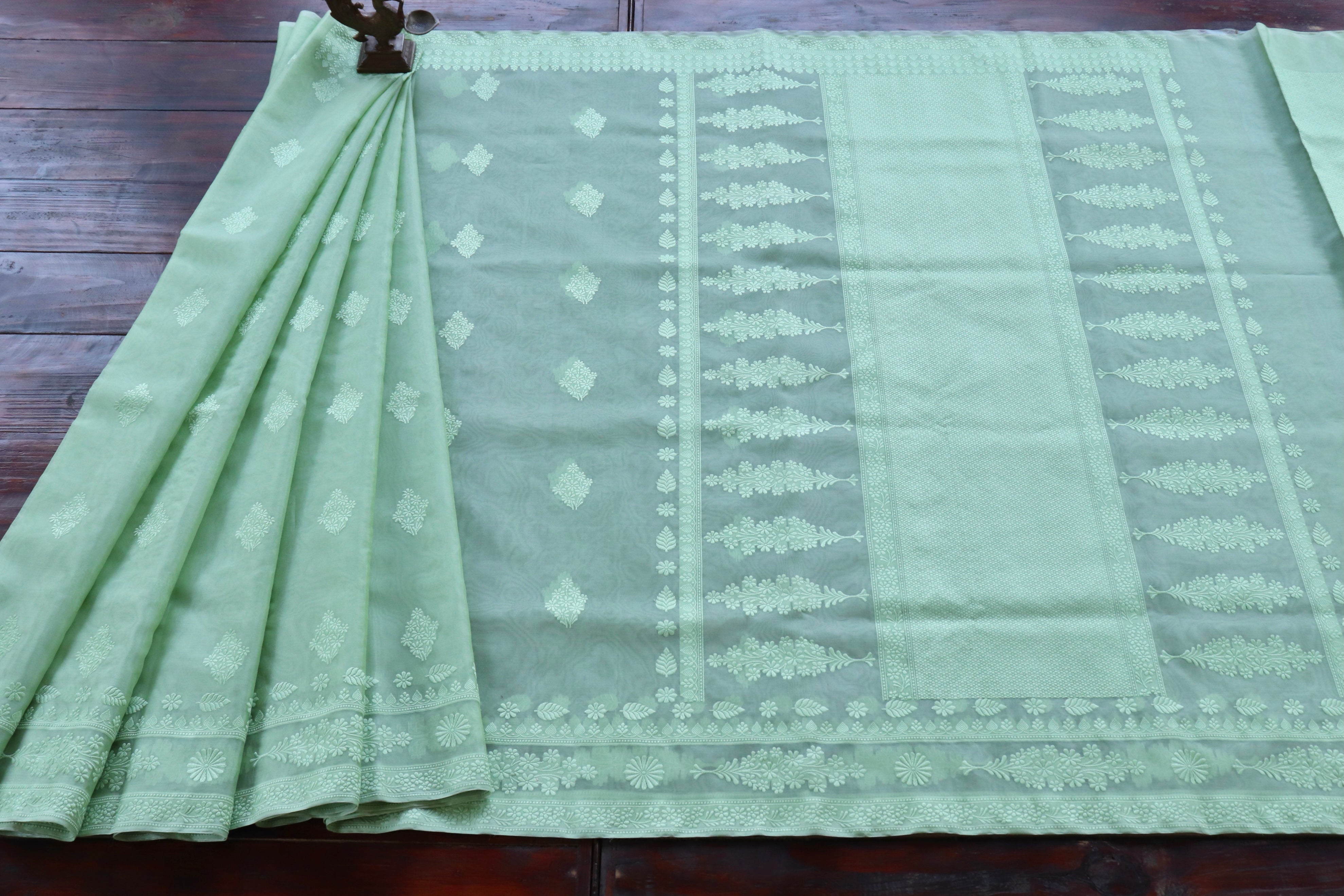 Light Green Resham Kadhua Pure Kora Silk Handloom Saree