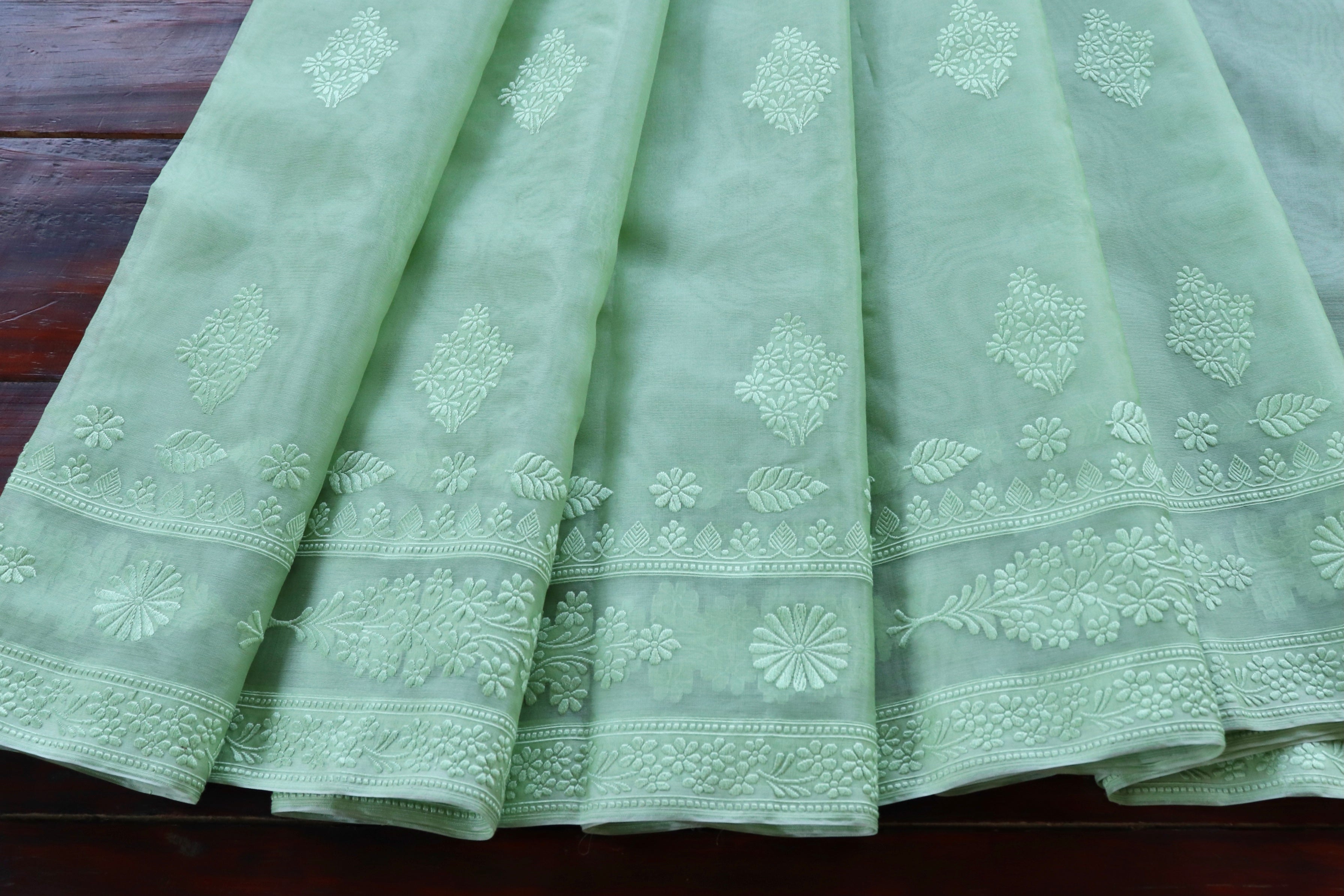 Light Green Resham Kadhua Pure Kora Silk Handloom Saree