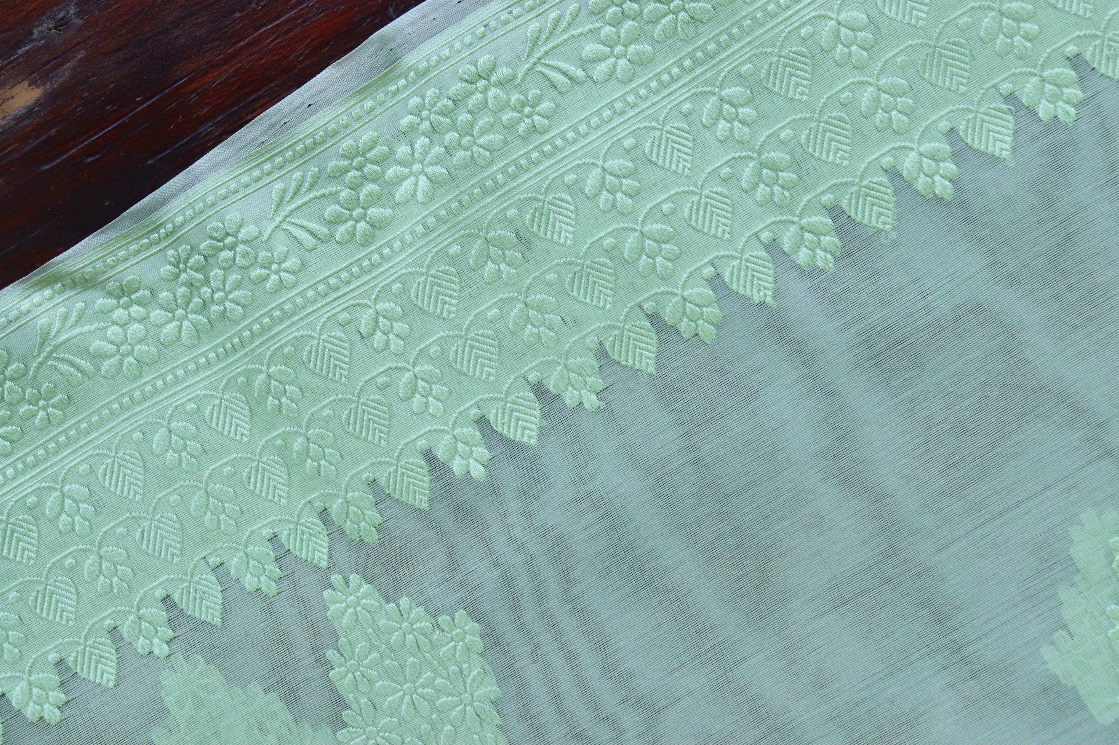 Light Green Resham Kadhua Pure Kora Silk Handloom Saree