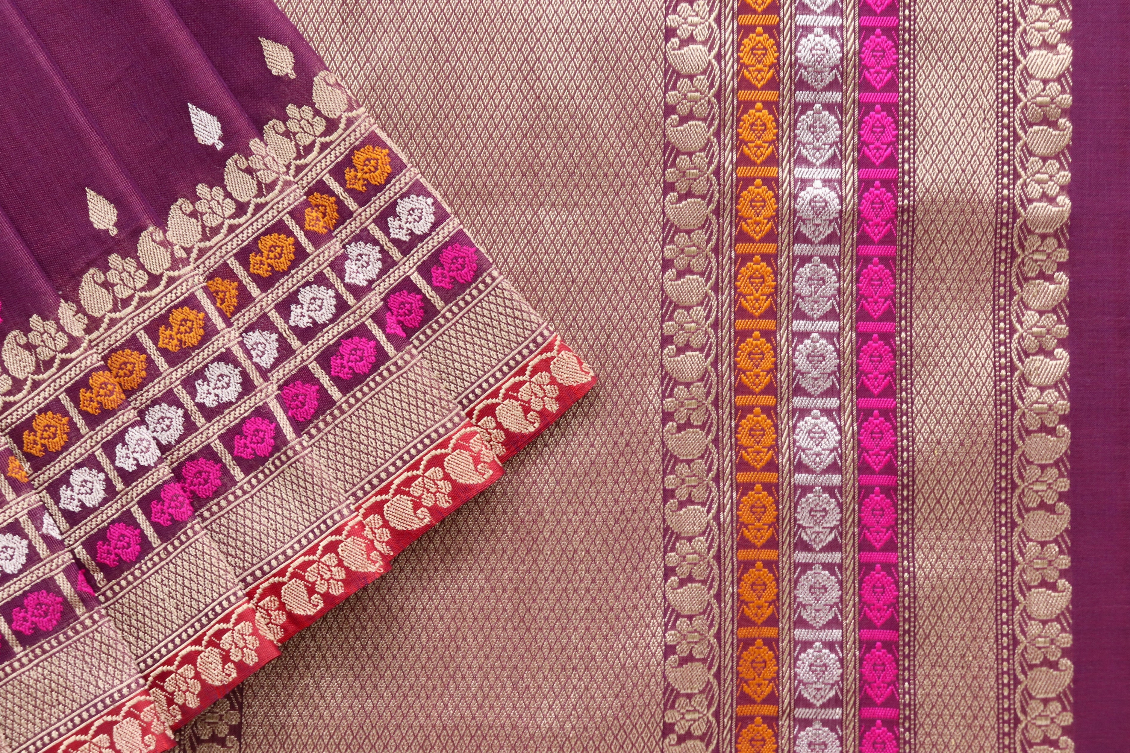 Plum Meenadar Pure Cotton Banarasi Handloom Saree