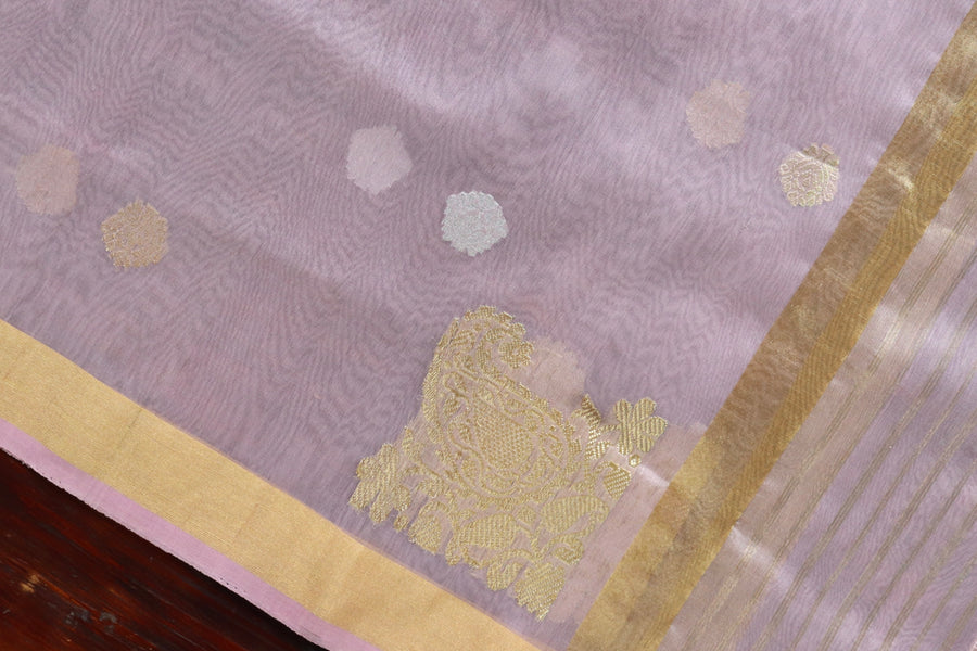 Sona Rupa gold-silver zari detail on Mauve Kora dupatta