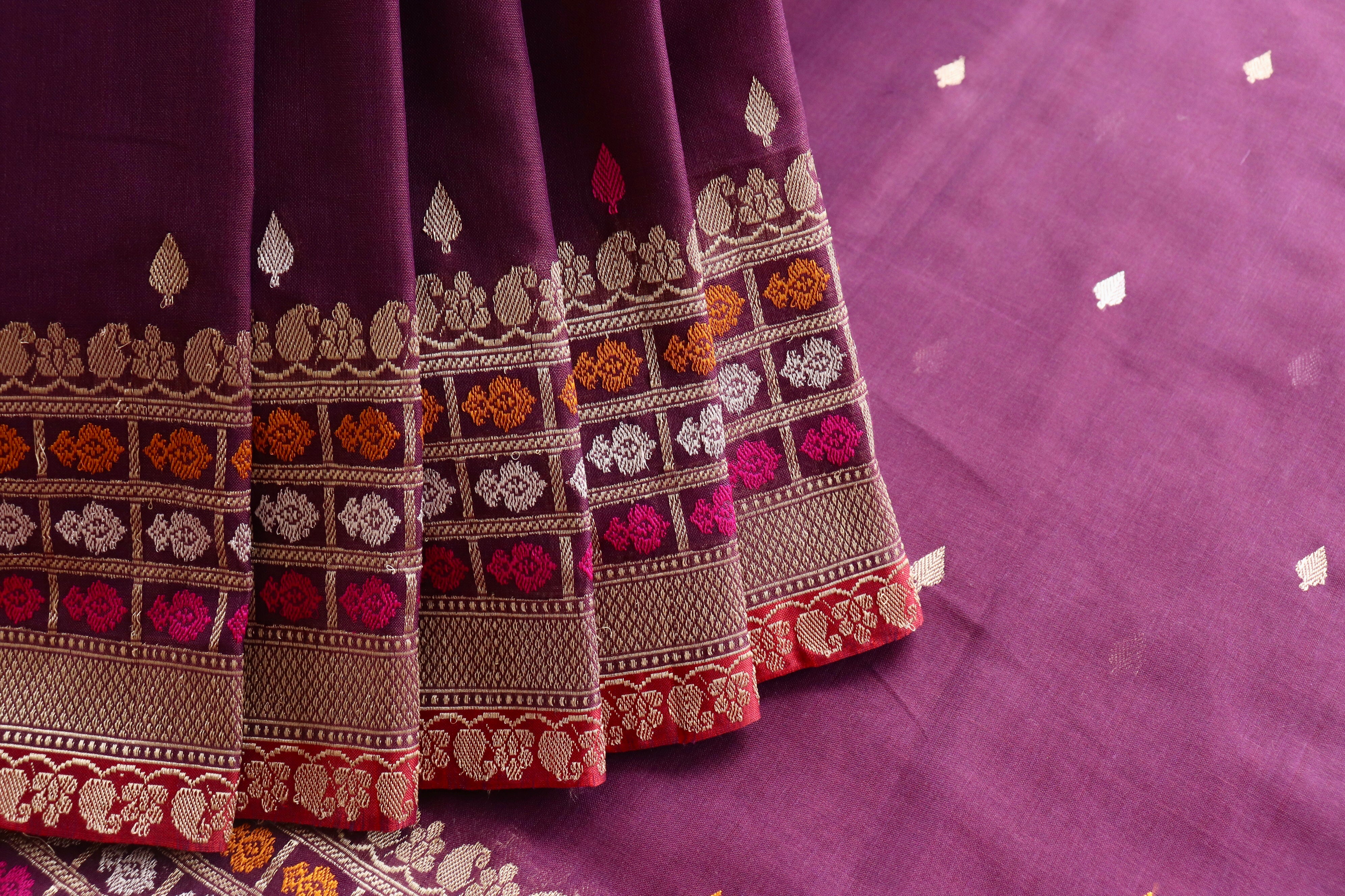 Plum Meenadar Pure Cotton Banarasi Handloom Saree