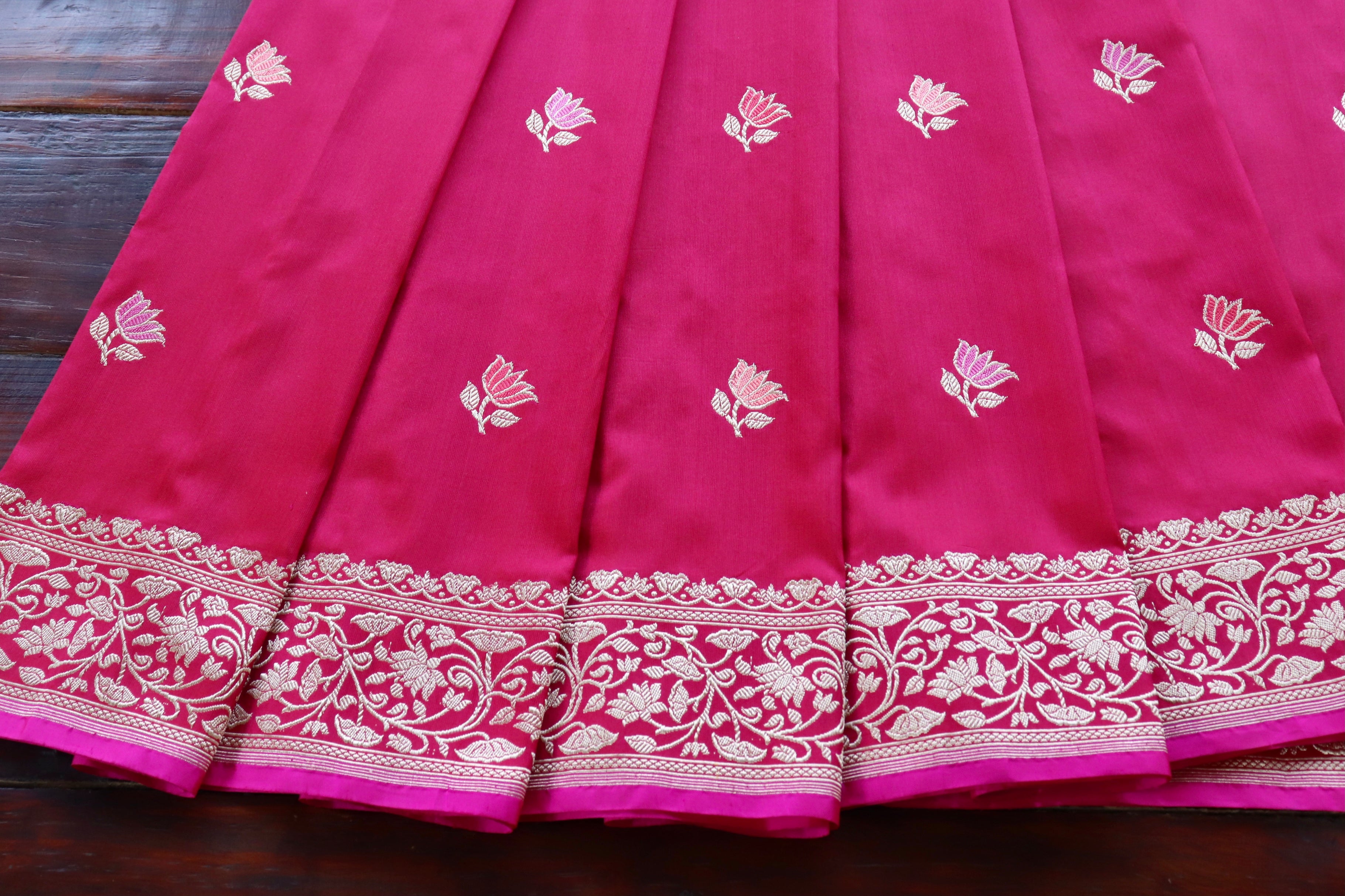 Rani Pink Lotus Motif Pure Katan Silk Handloom Banarasi Saree