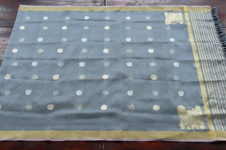 Sona Rupa gold-silver zari detail on Grey Kora dupatta