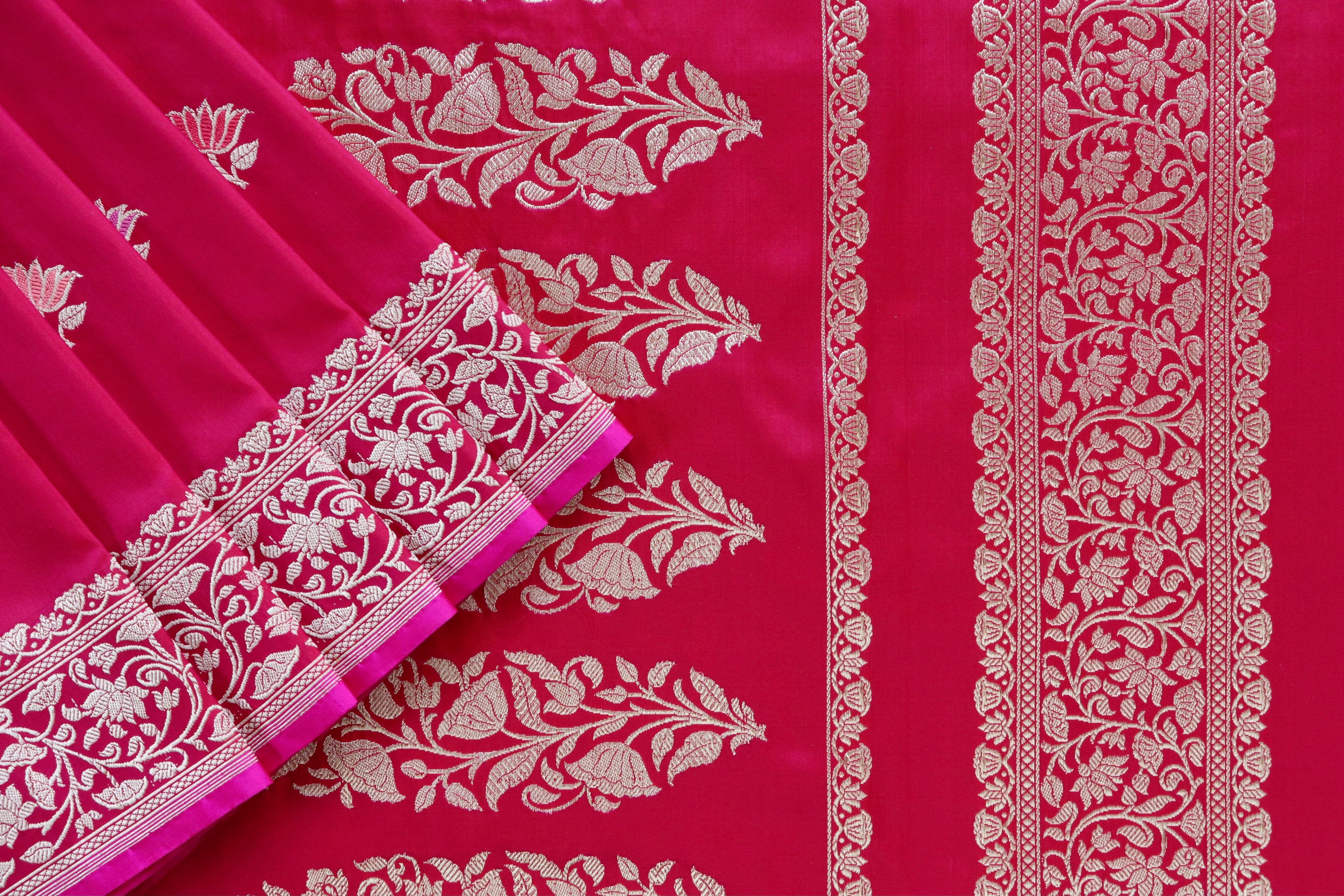 Rani Pink Lotus Motif Pure Katan Silk Handloom Banarasi Saree