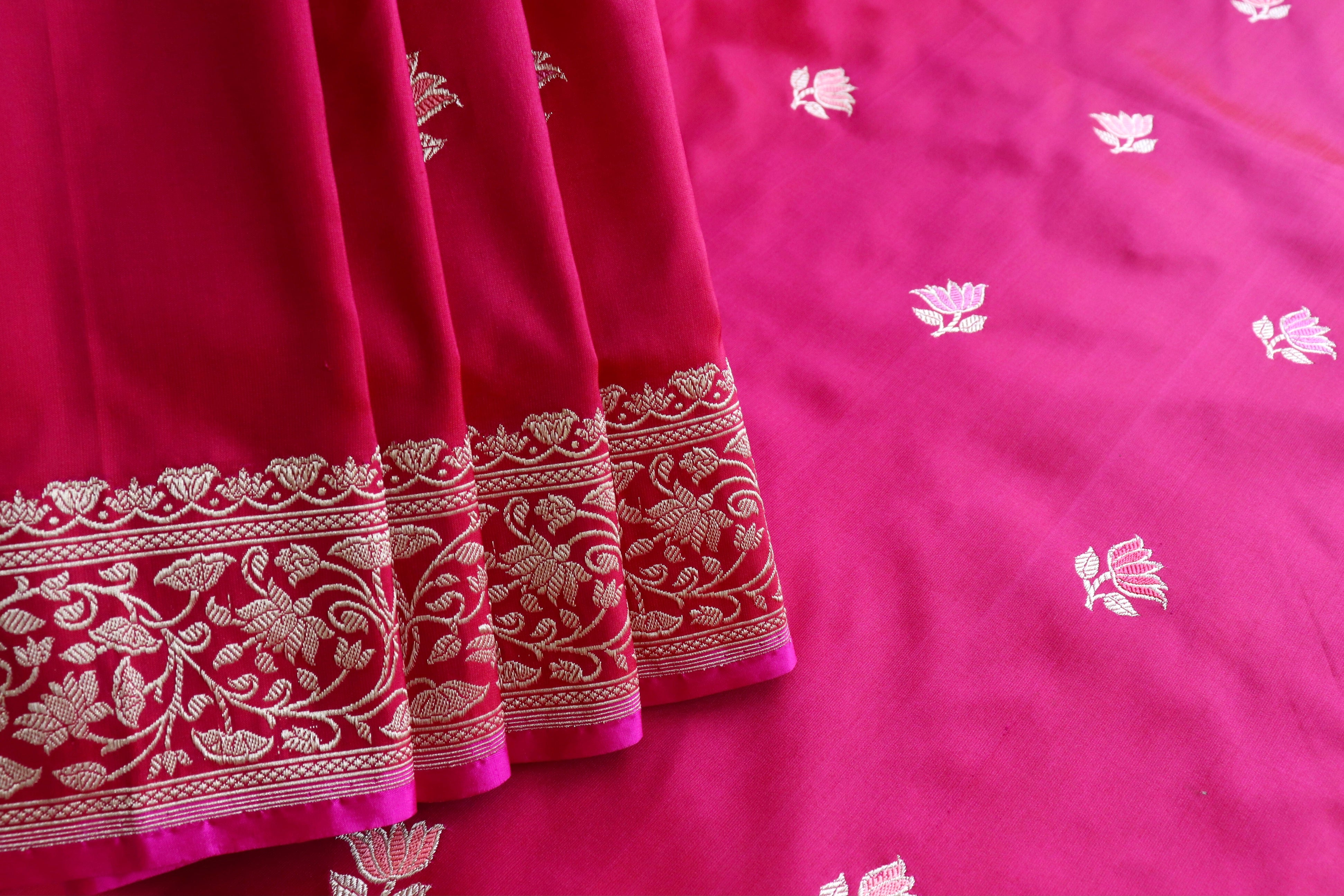 Rani Pink Lotus Motif Pure Katan Silk Handloom Banarasi Saree