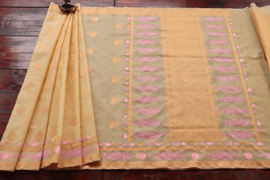 Yellow Resham Kadhua Pure Kora Silk Handloom Saree