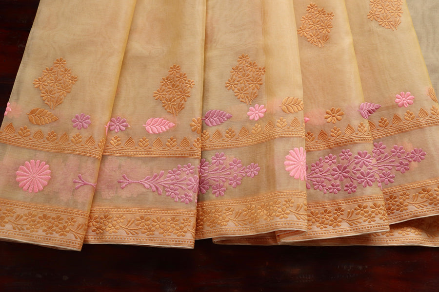 Yellow Resham Kadhua Pure Kora Silk Handloom Saree