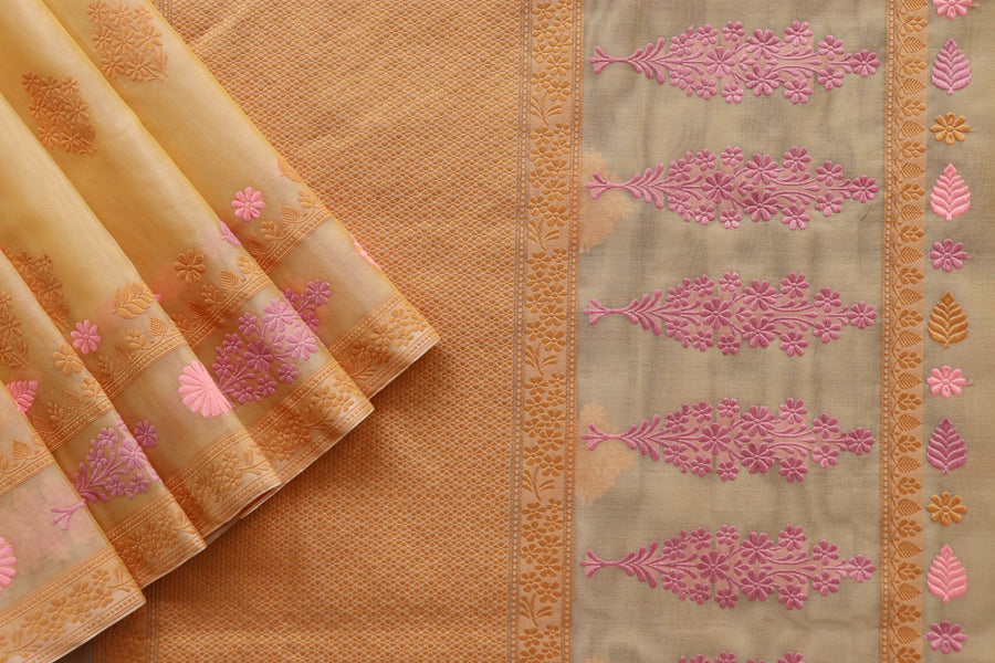 Yellow Resham Kadhua Pure Kora Silk Handloom Saree