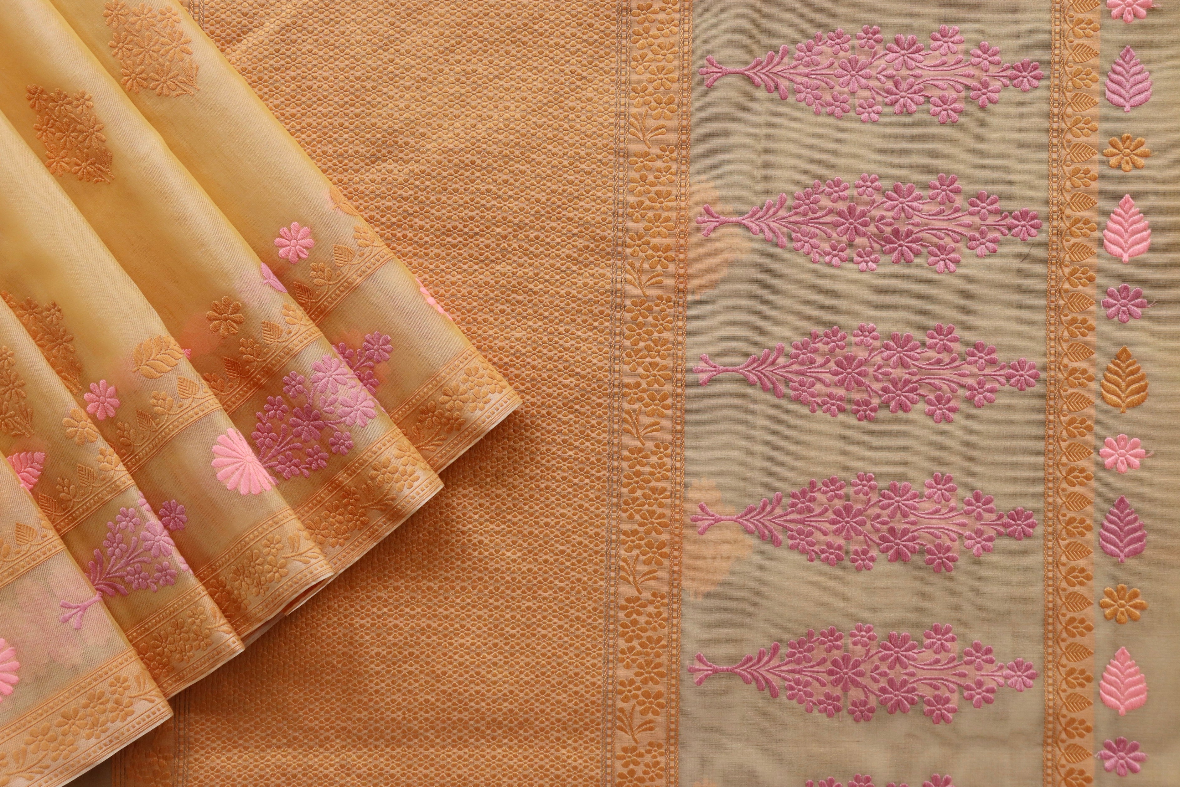 Yellow Resham Kadhua Pure Kora Silk Handloom Saree