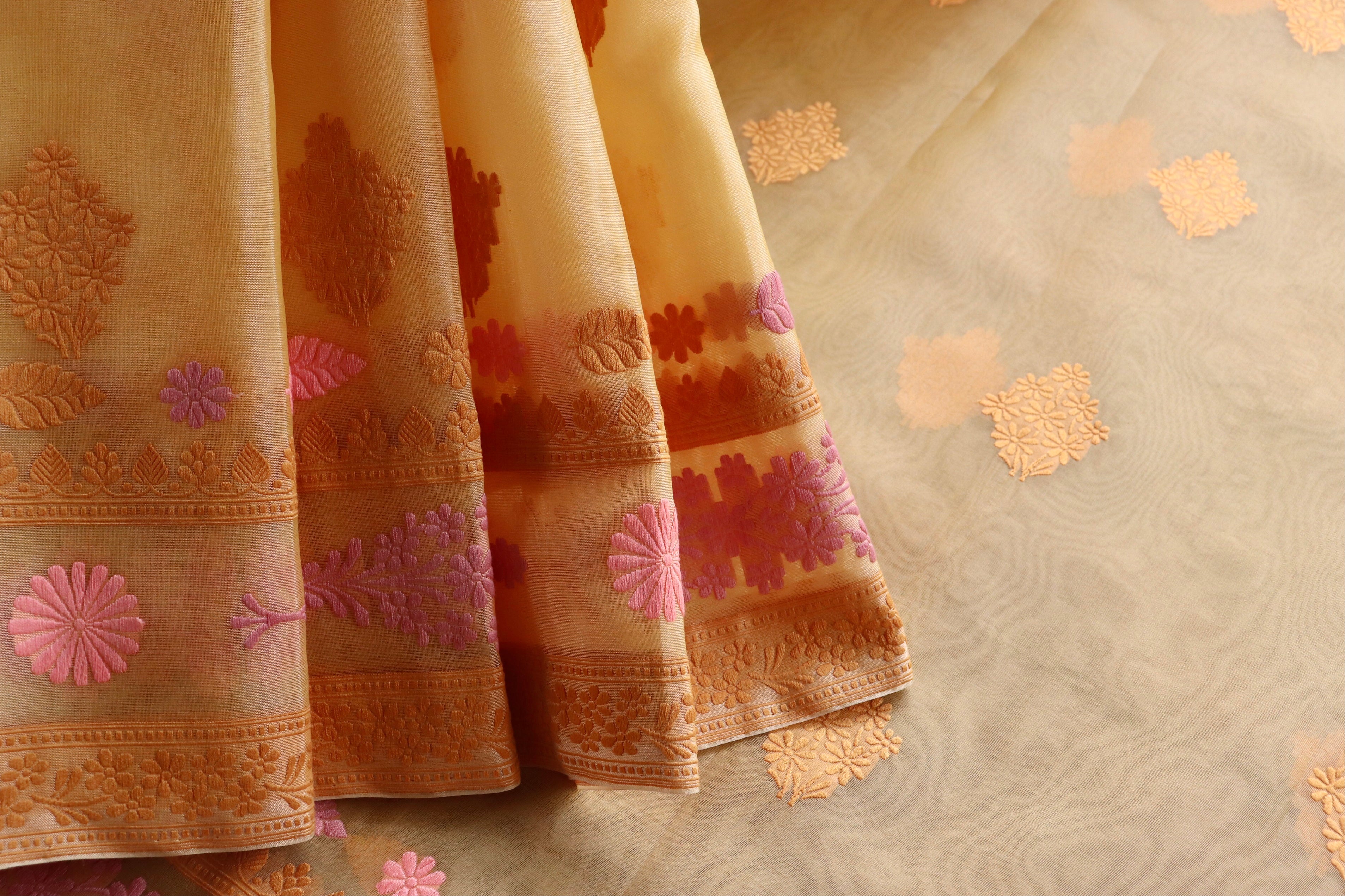 Yellow Resham Kadhua Pure Kora Silk Handloom Saree