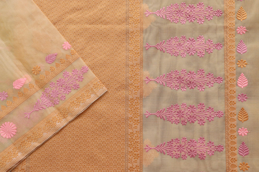 Yellow Resham Kadhua Pure Kora Silk Handloom Saree