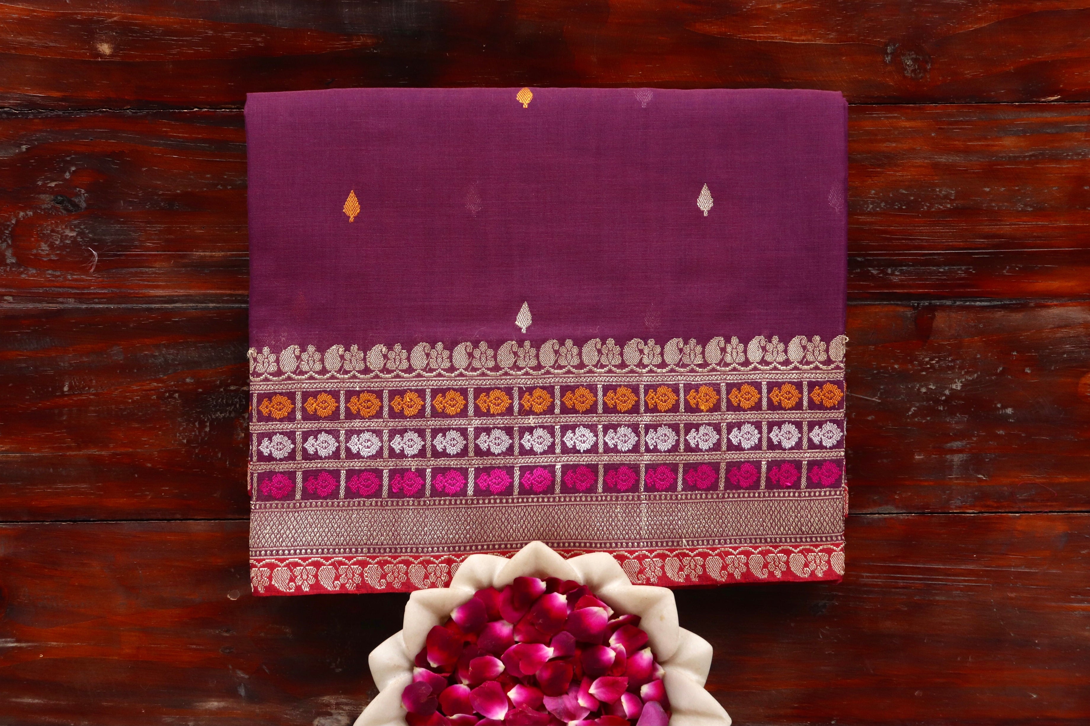 Plum Meenadar Pure Cotton Banarasi Handloom Saree