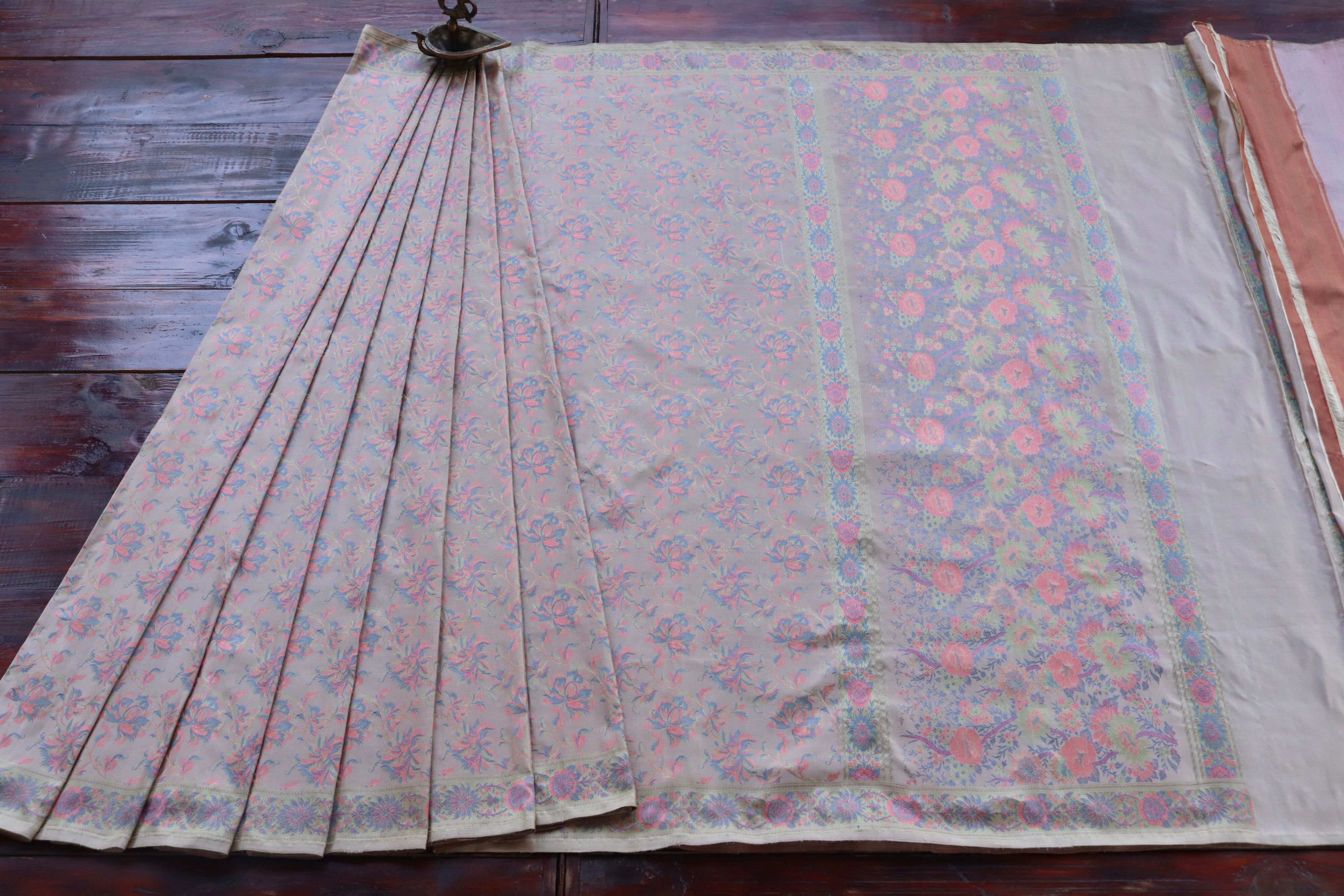 Grey Multi Colour Jamawar Tanchoi Satin Silk Saree