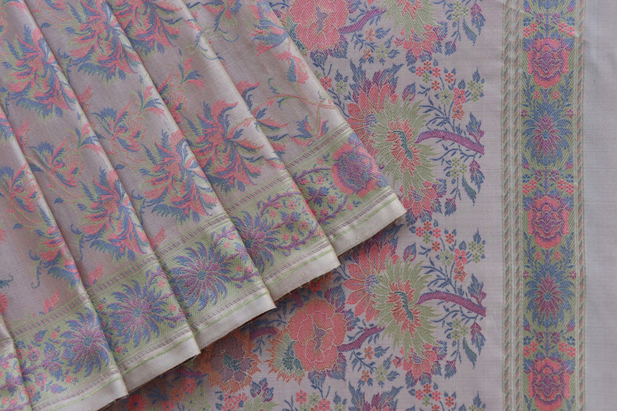 Grey Multi Colour Jamawar Tanchoi Satin Silk Saree