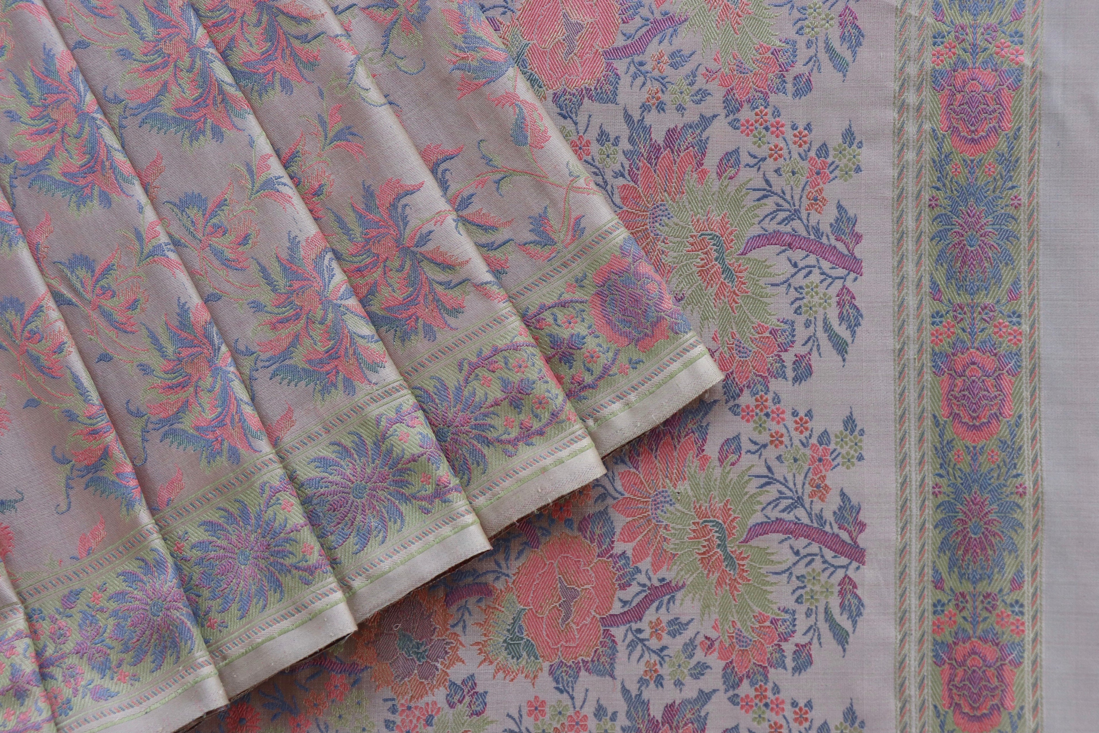 Grey Multi Colour Jamawar Tanchoi Satin Silk Saree