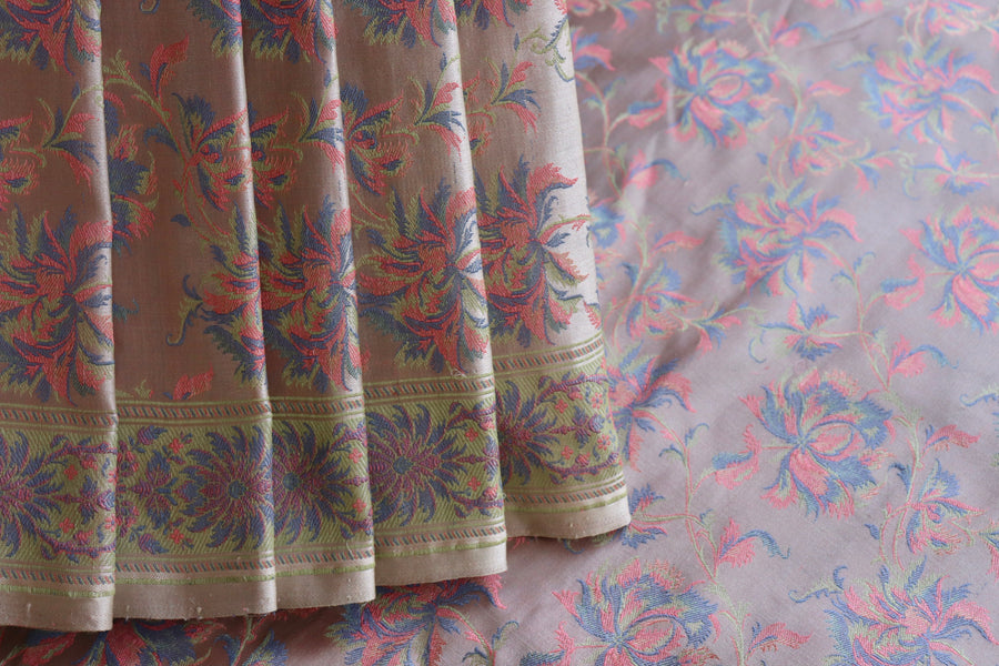 Grey Multi Colour Jamawar Tanchoi Satin Silk Saree