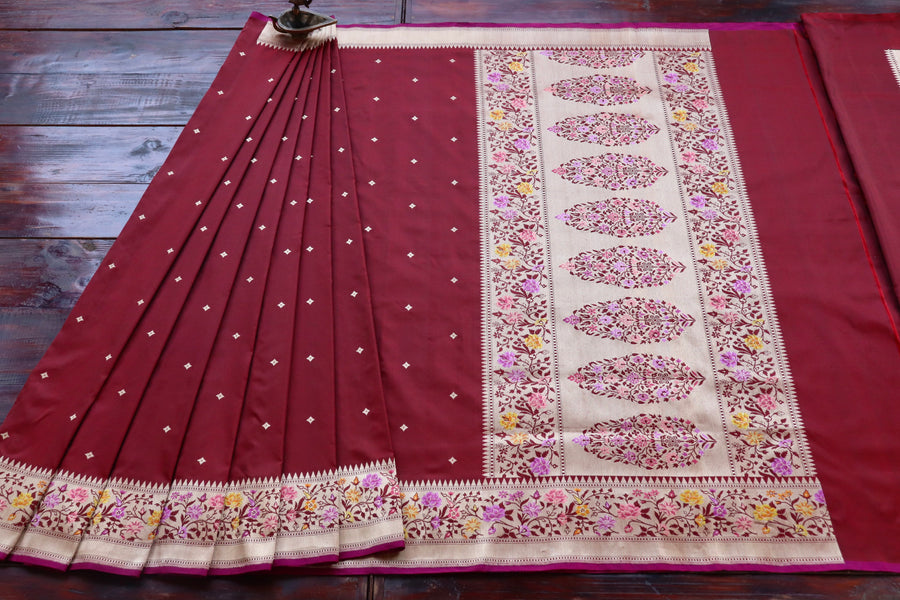Maroon Meenadar Kadhua  Pure Silk Handloom Banarasi Saree