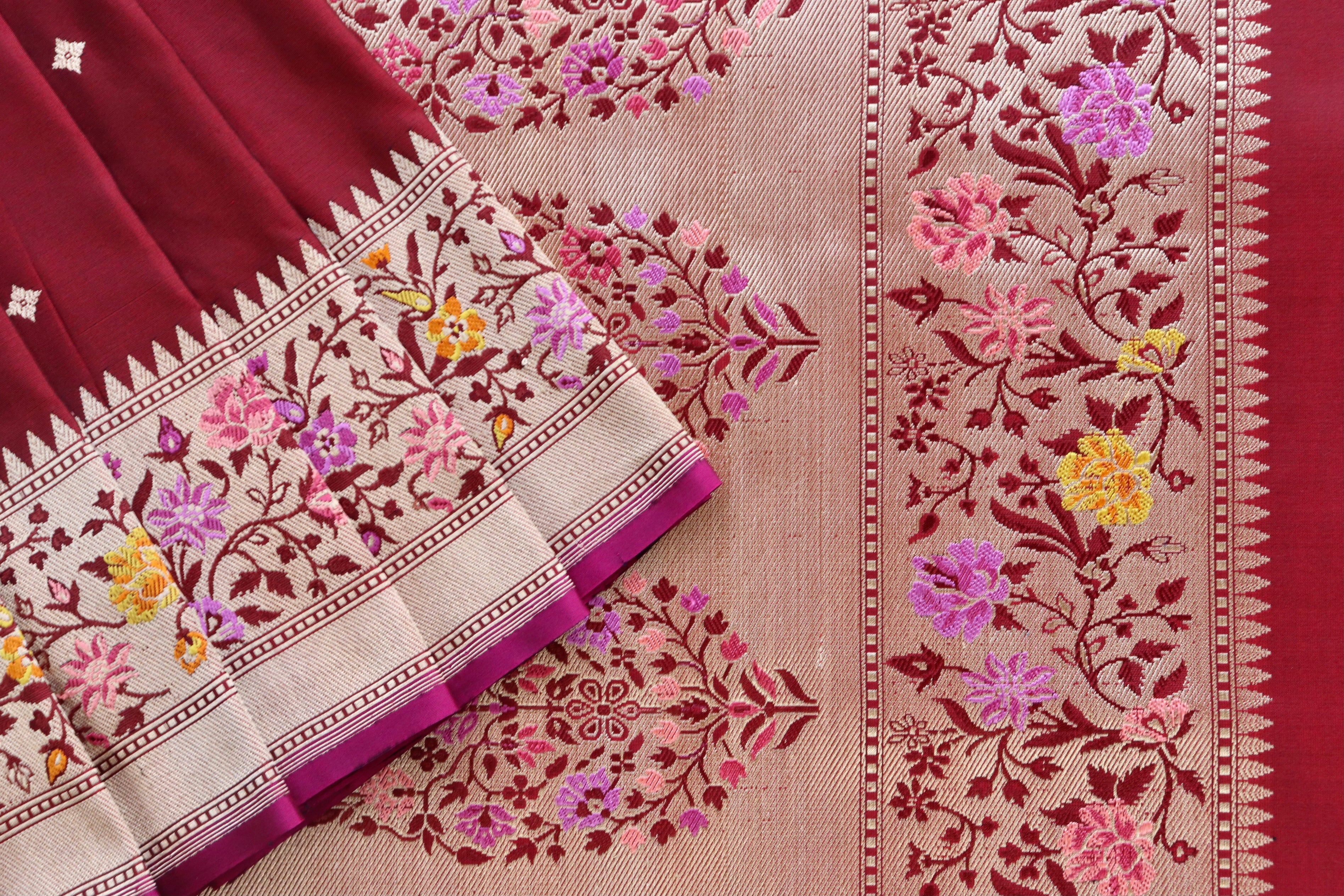 Maroon Meenadar Kadhua  Pure Silk Handloom Banarasi Saree