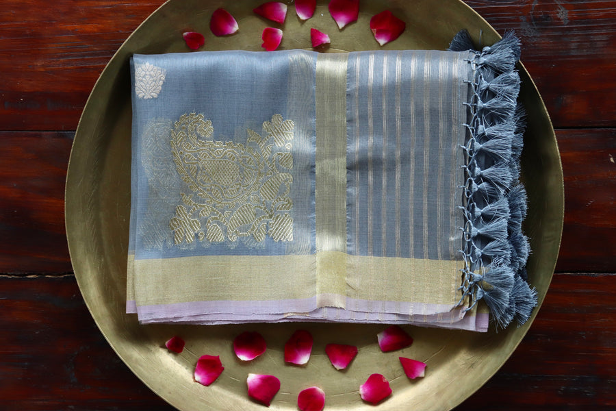 Full drape of Grey Sona Rupa pure Kora silk Banarasi dupatta