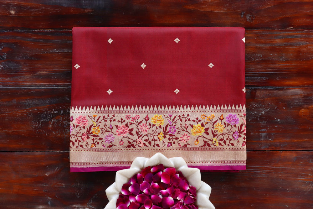 Maroon handloom Banarsi saree with kadhua motifs in pure silk