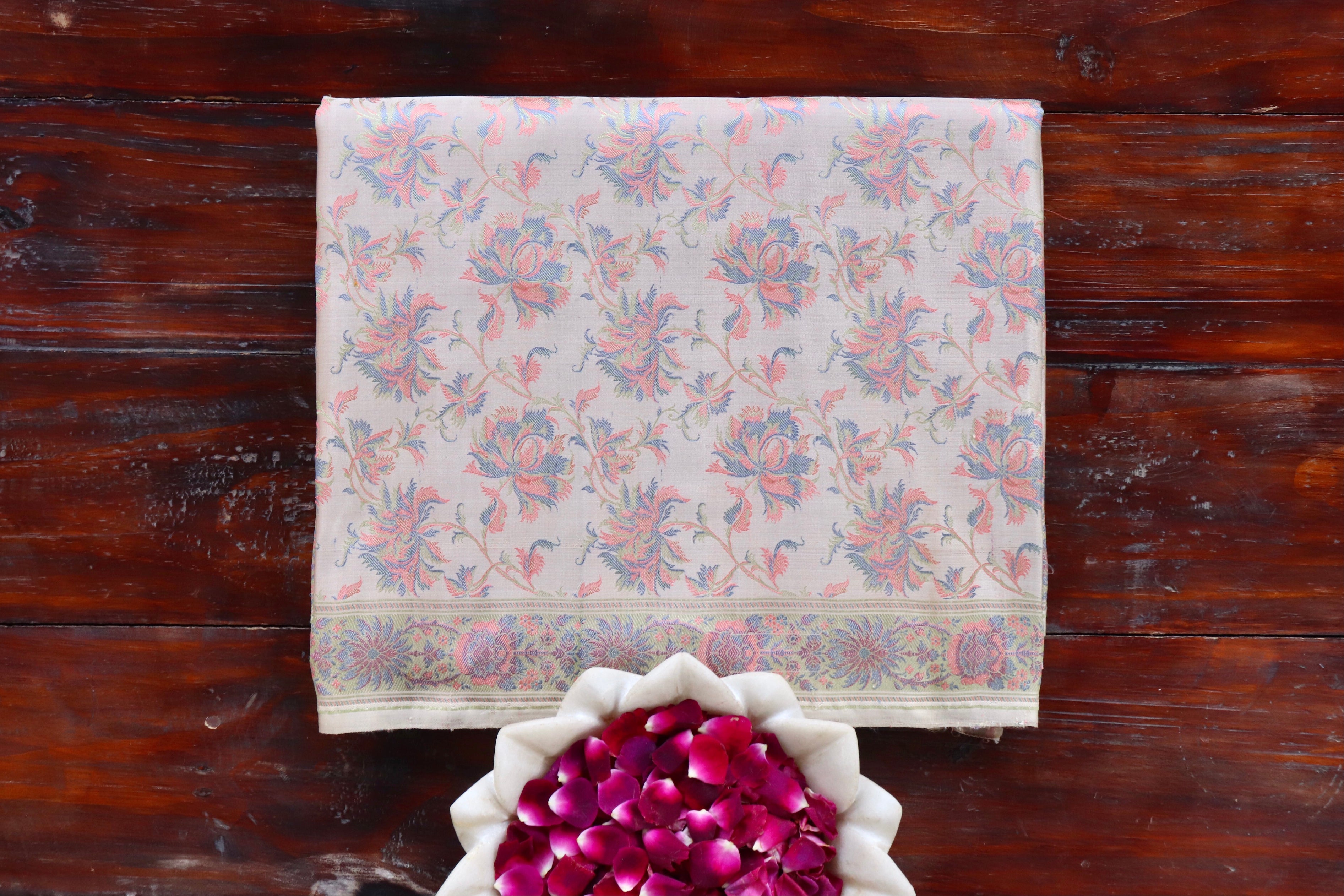 Grey Multi Colour Jamawar Tanchoi Satin Silk Saree